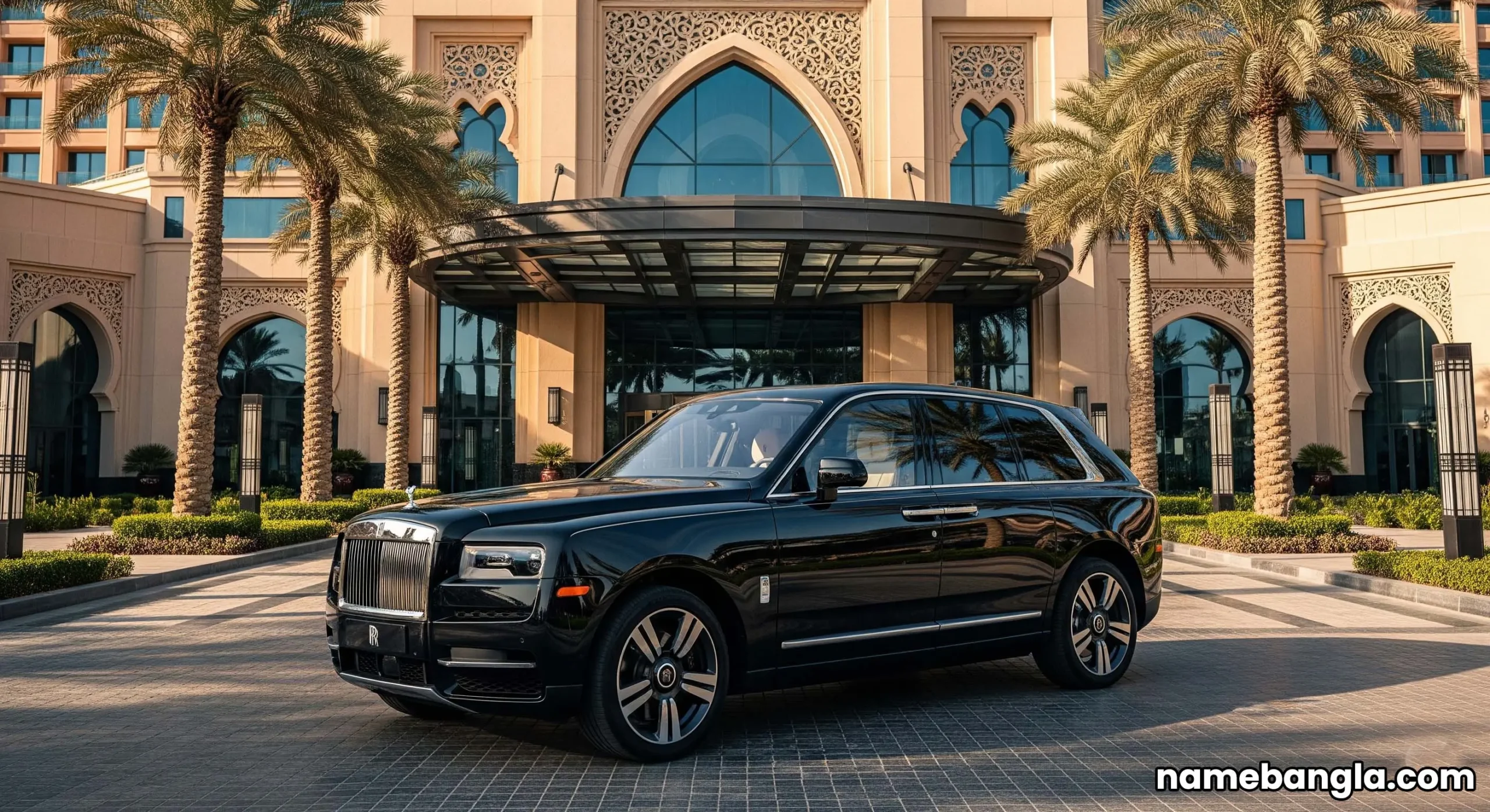 A Rolls-Royce parked at a lavish Dubai hotel entrance, signifying elite travel experiences.