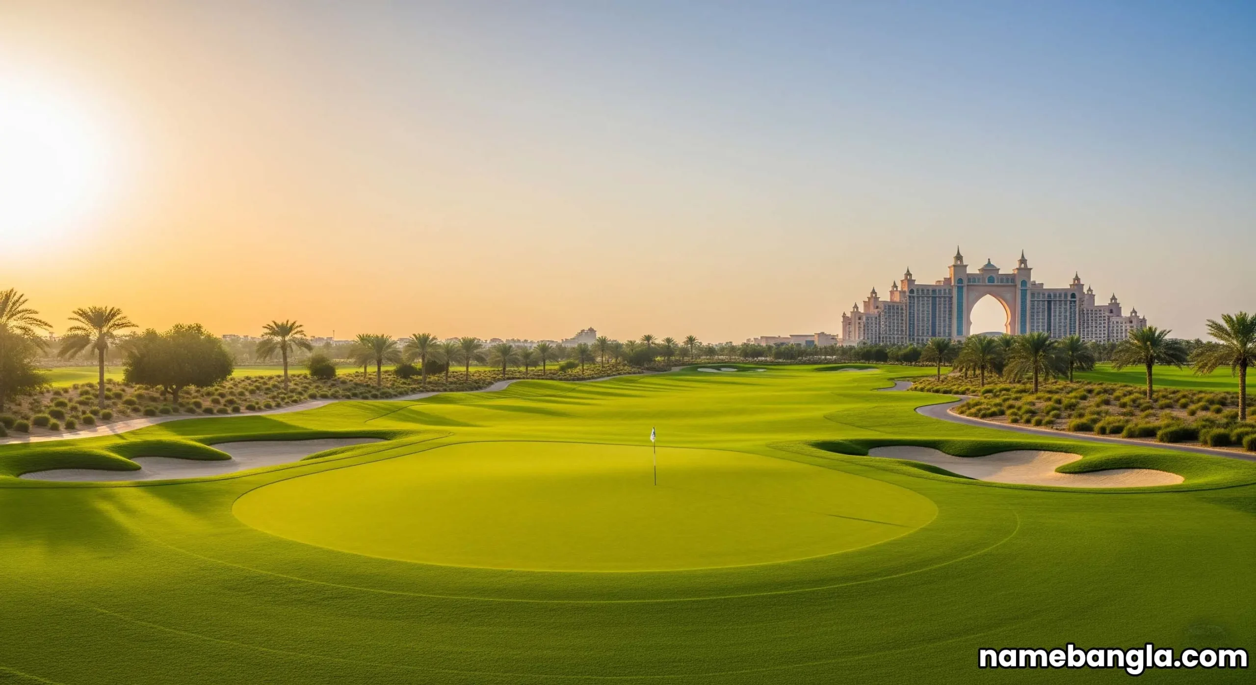 A grand luxury hotel in Dubai overlooking a pristine golf course, emphasizing UAE Elite Golf Course Hotels.