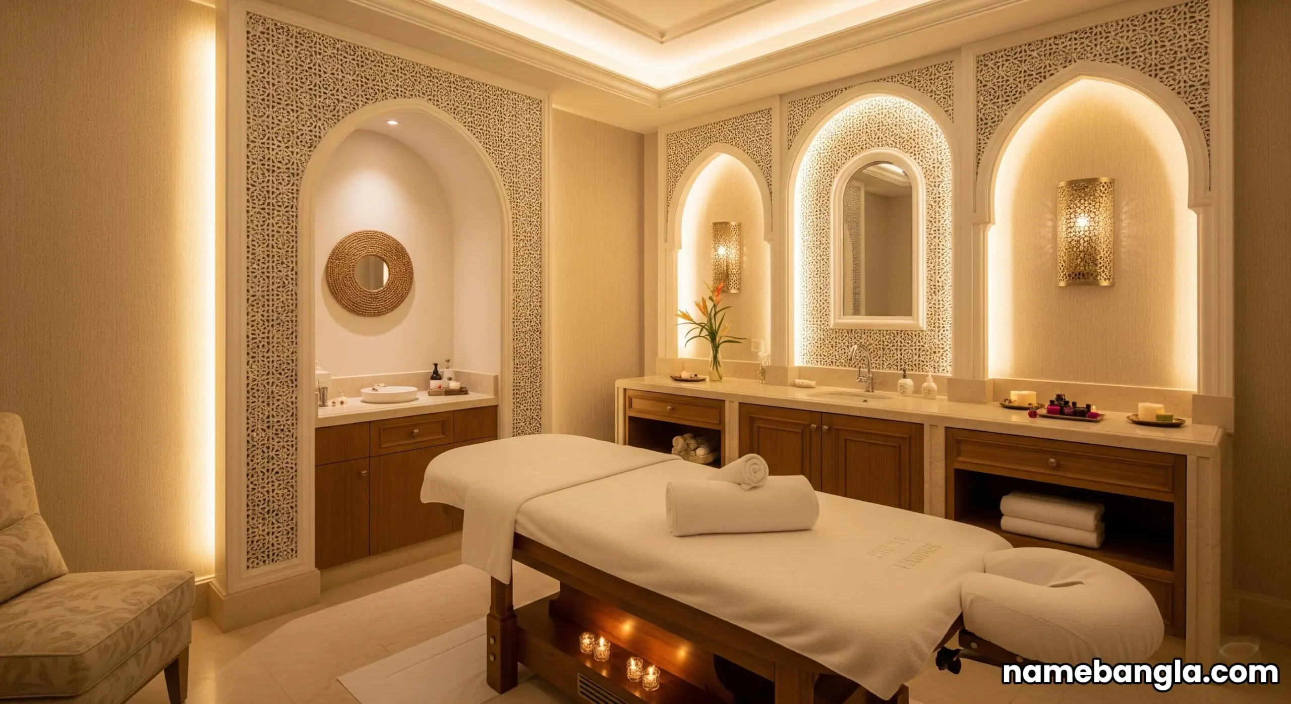 A luxurious spa treatment room in an Abu Dhabi resort, with serene lighting and high-end amenities for ultimate relaxation.