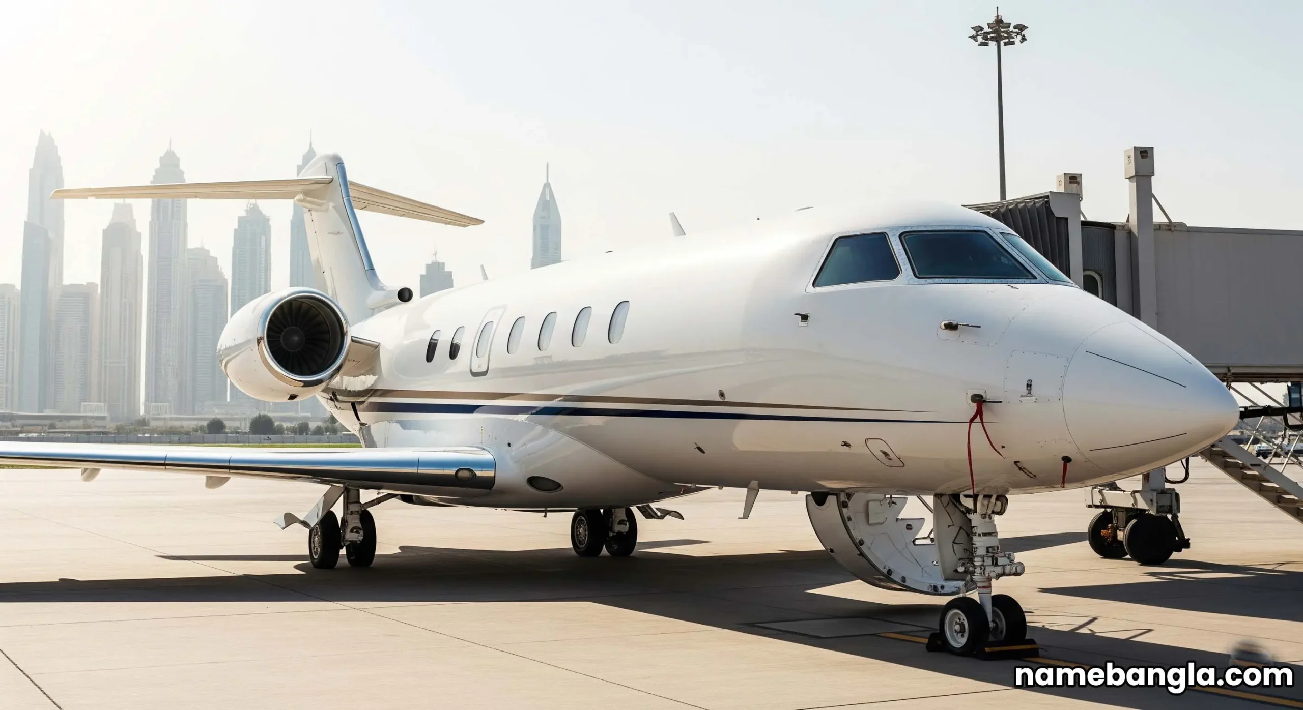 A modern, sleek private jet parked at a Dubai airport, symbolizing high-end travel and luxury tourism in the UAE.