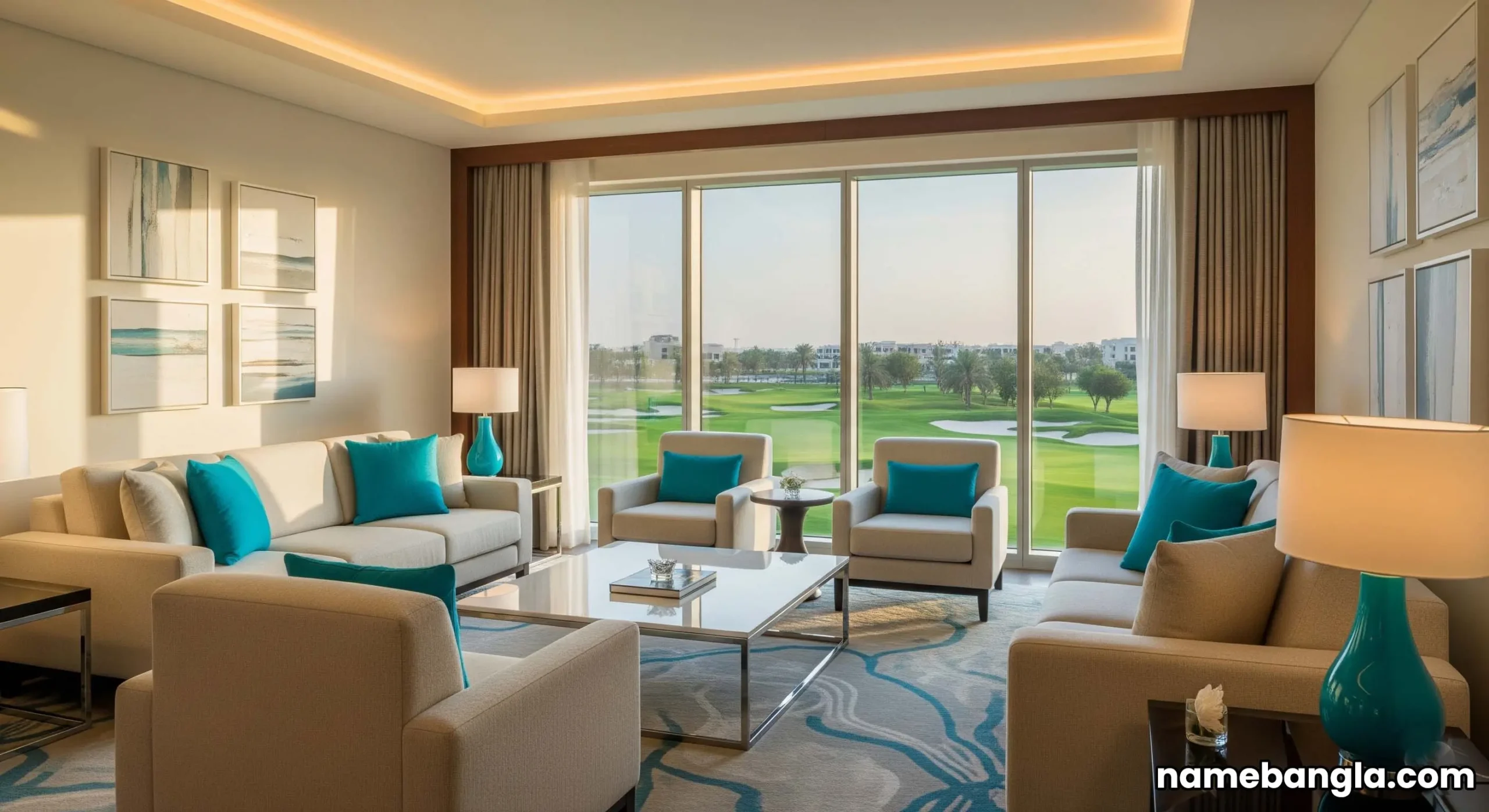 A panoramic view of the Saadiyat Beach Golf Club in Abu Dhabi, showcasing its stunning coastal setting near an elite hotel.