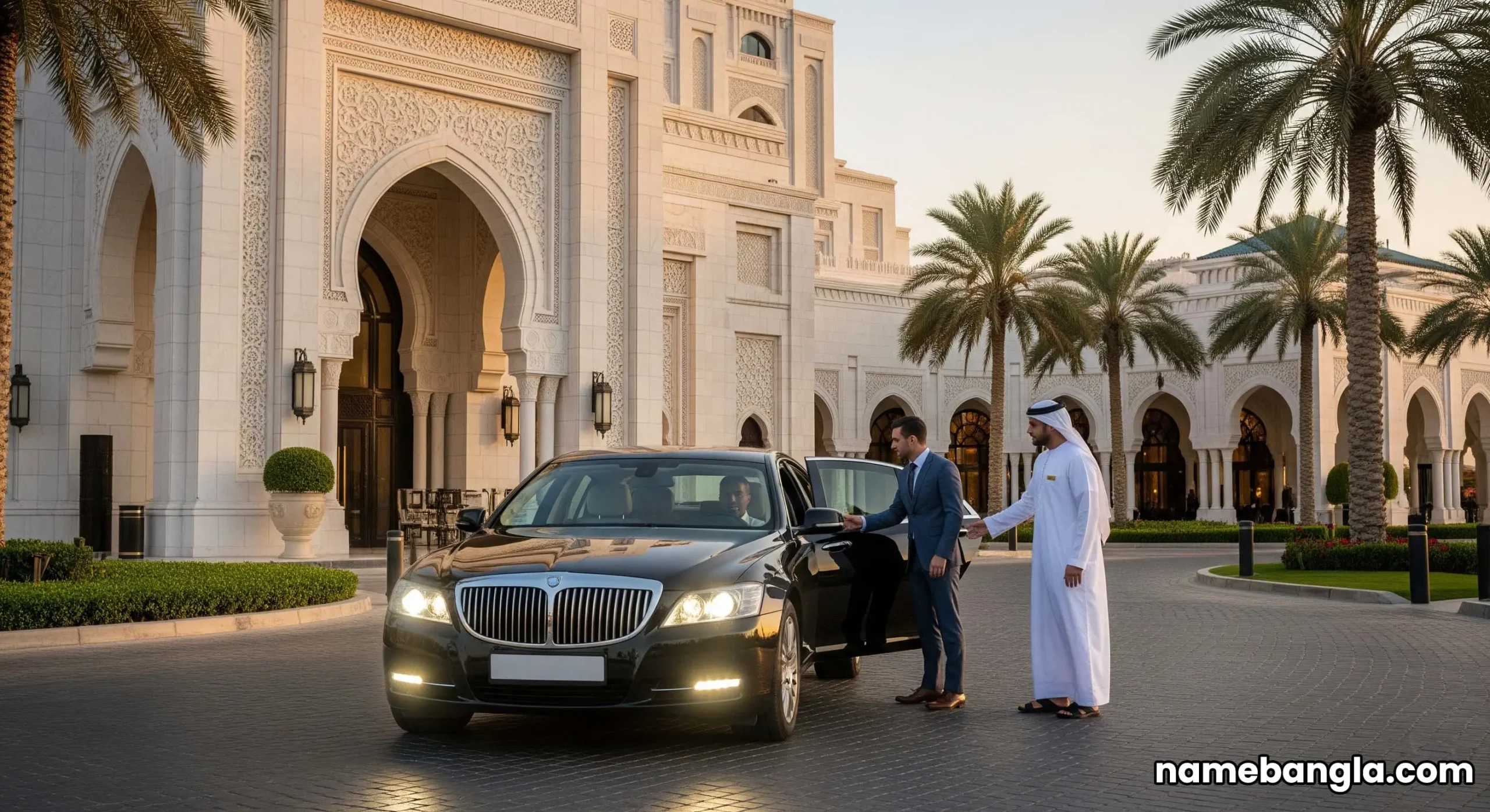 A private car transfer arriving at a lavish Abu Dhabi hotel entrance, highlighting premium concierge services.