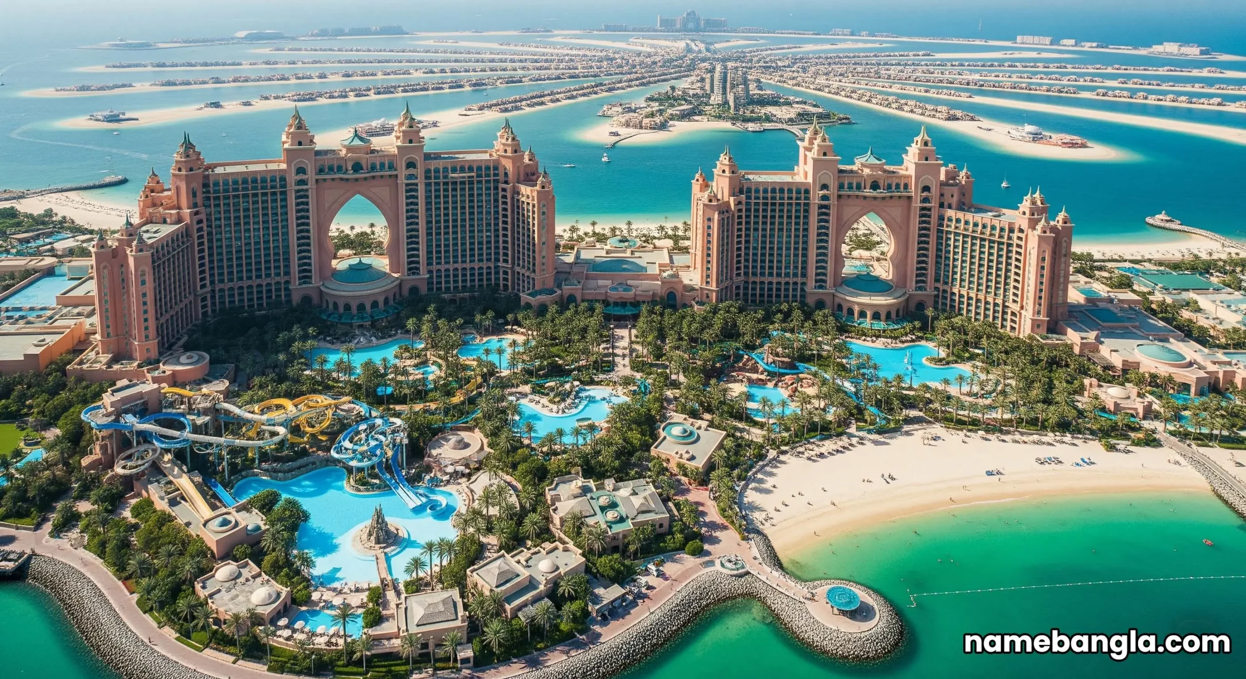 Aerial view of Atlantis The Palm and The Royal, showcasing large waterpark and luxury design.