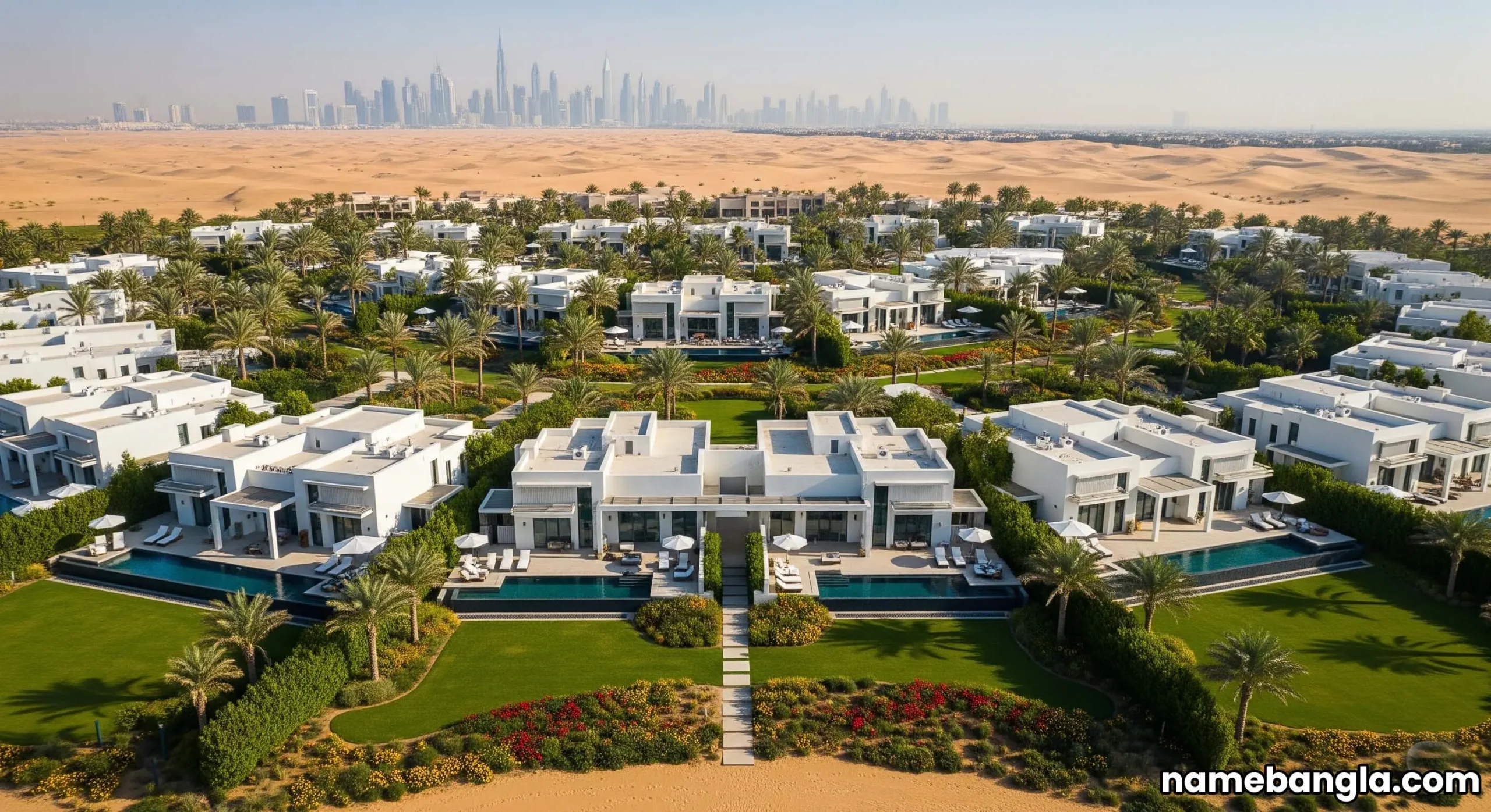 Aerial view of a secluded luxury desert resort in Dubai, showing private villas and lush landscaping.
