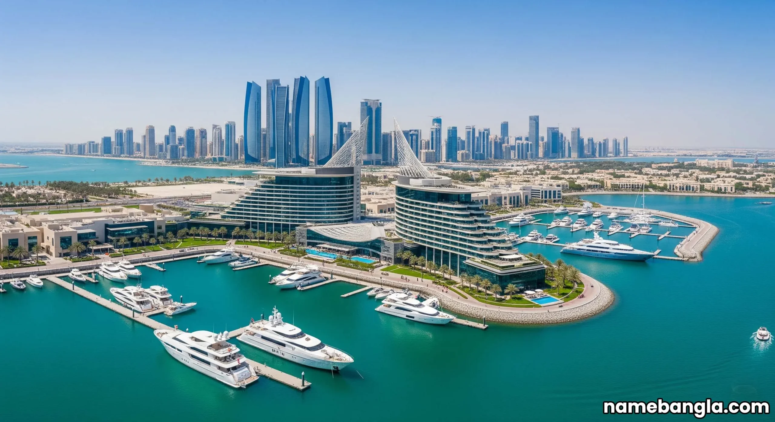 Aerial view of an exclusive Abu Dhabi yacht charter hotel and marina.
