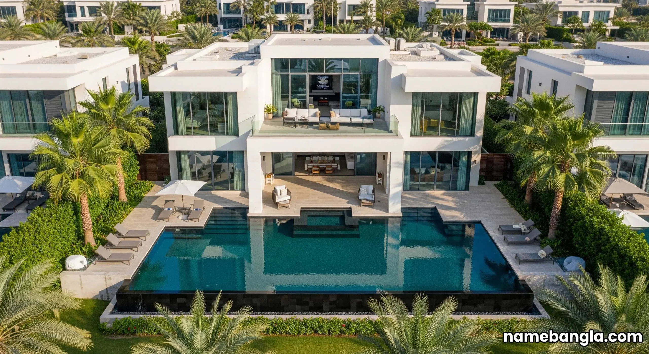 Aerial view of an opulent private pool villa in Dubai, showing its exclusive design and expansive pool.