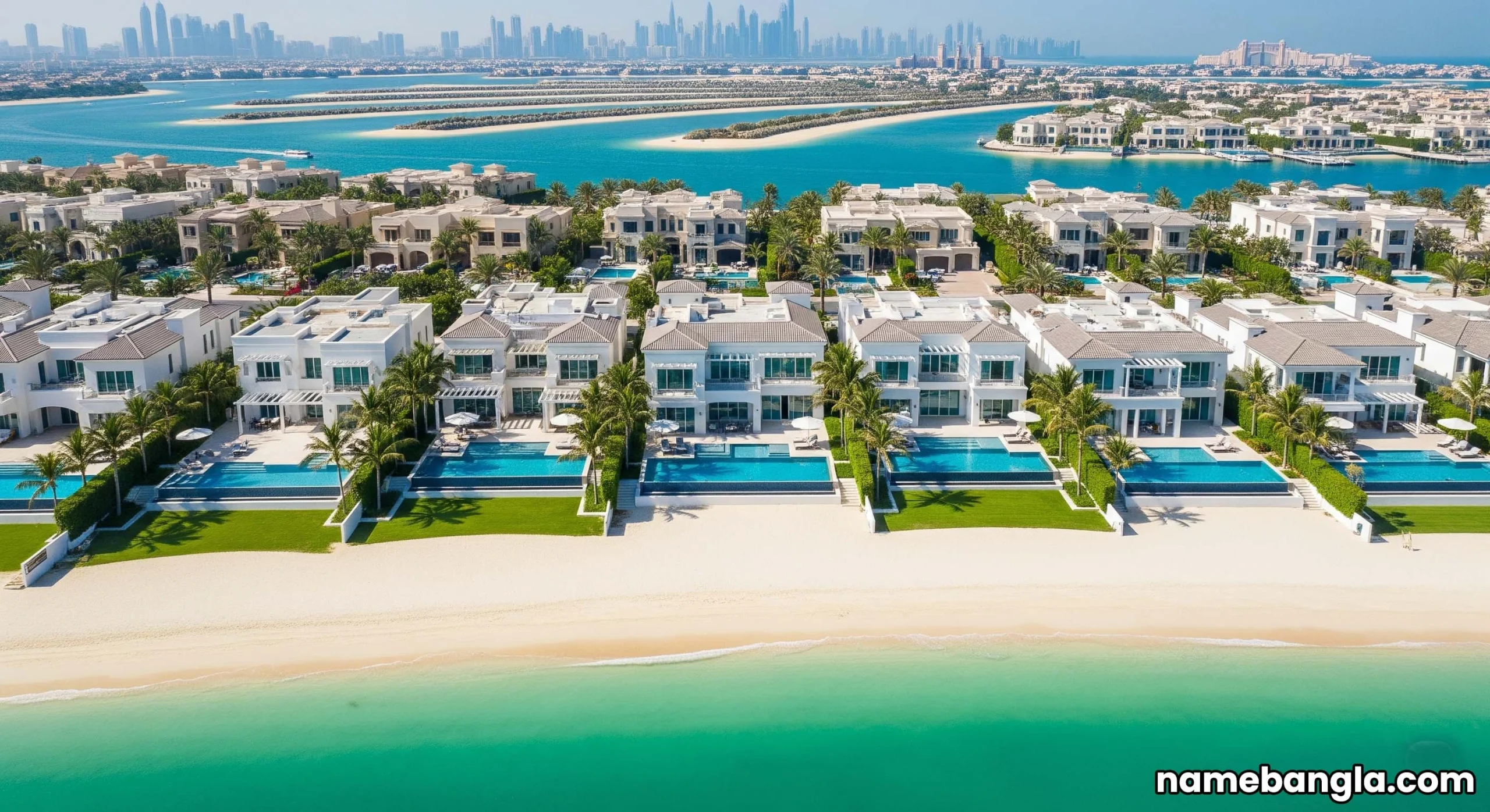 Aerial view of exclusive luxury private villas on Palm Jumeirah, Dubai, featuring private pools and beachfront access.