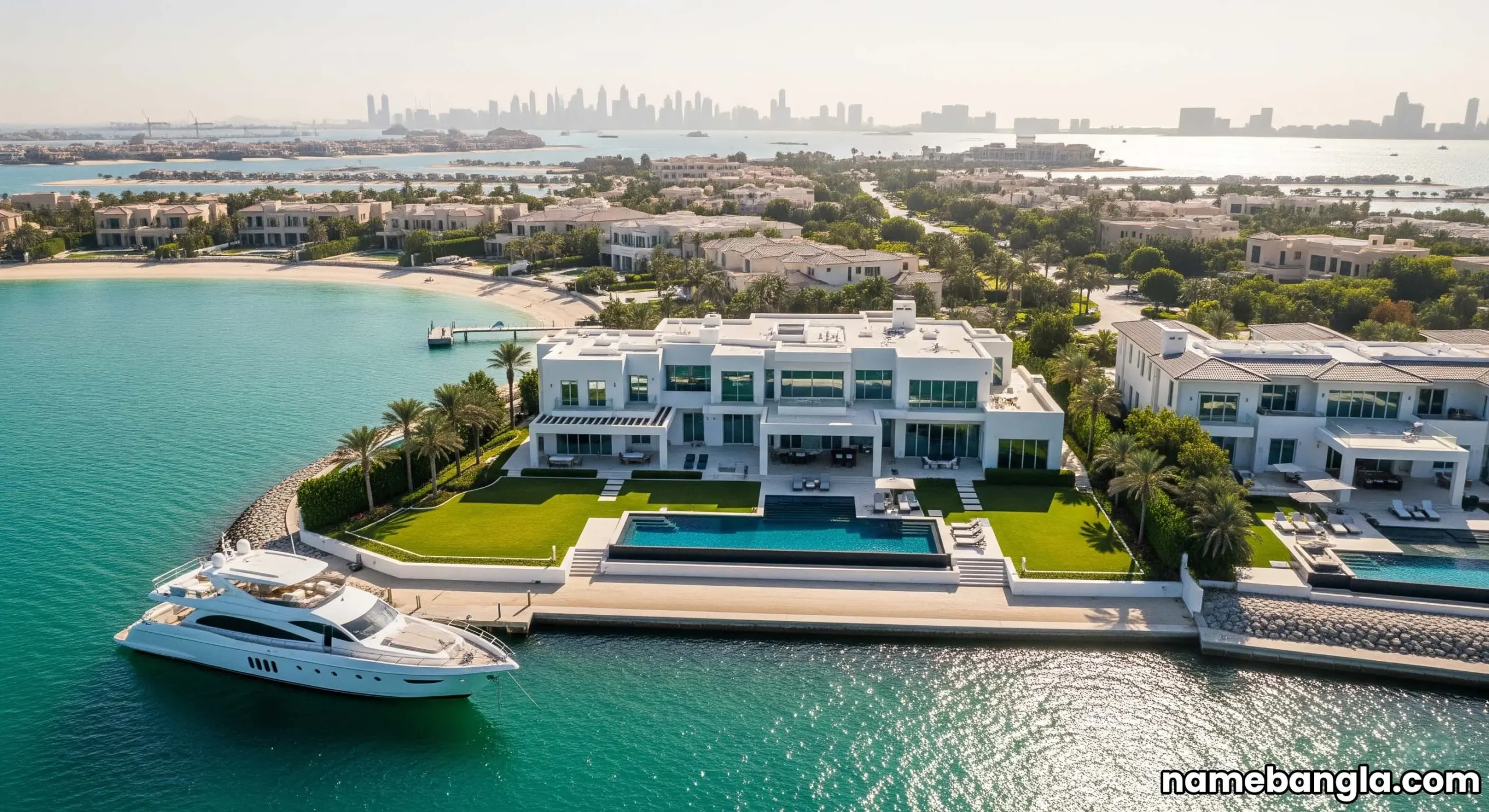 An aerial view of a private ultra-luxury villa on Palm Jumeirah with a yacht docked nearby, emphasizing premium waterfront living.