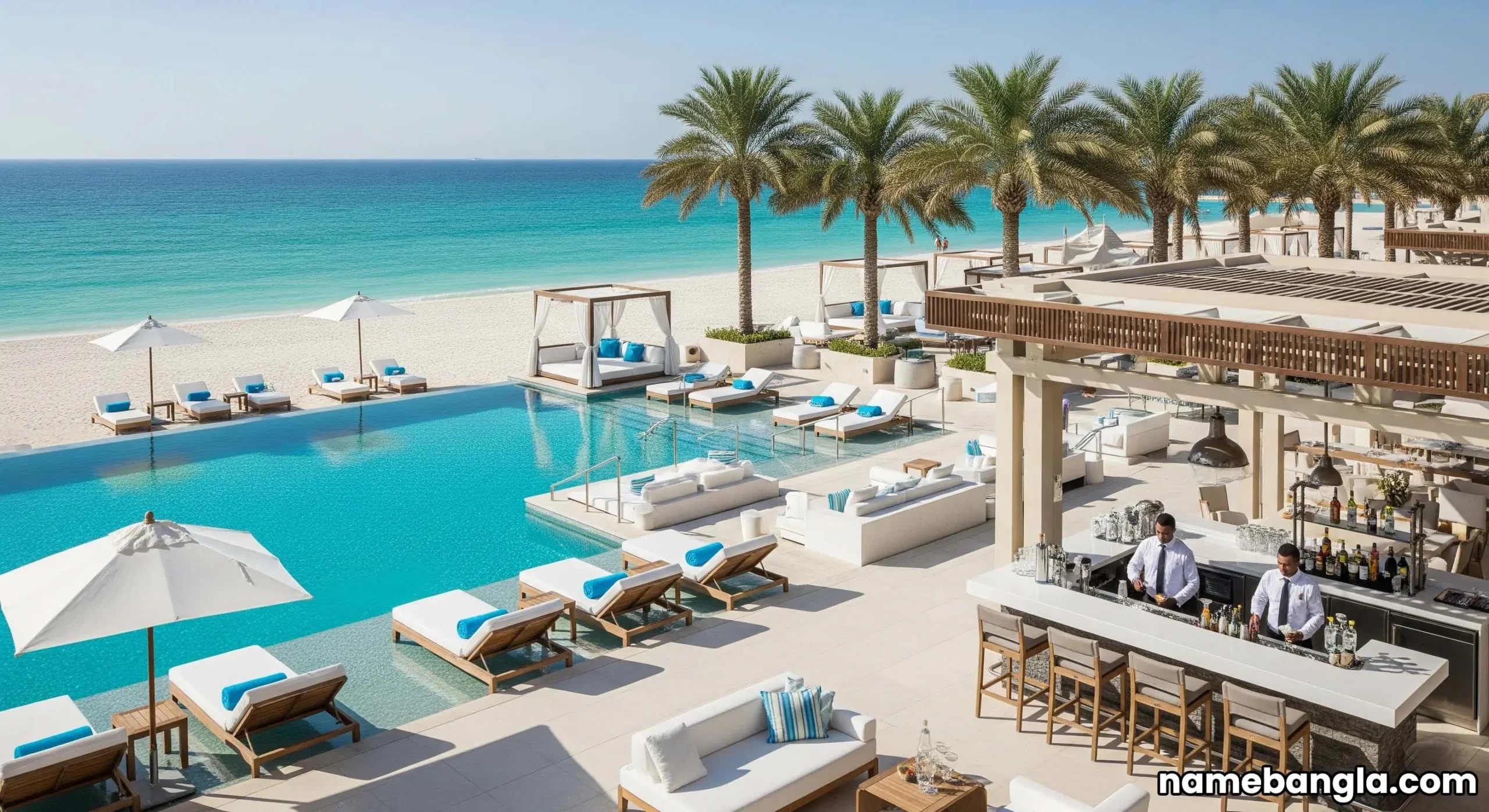 An exclusive private beach club in Abu Dhabi, showing luxury amenities and pristine sands, perfect for discerning travelers.