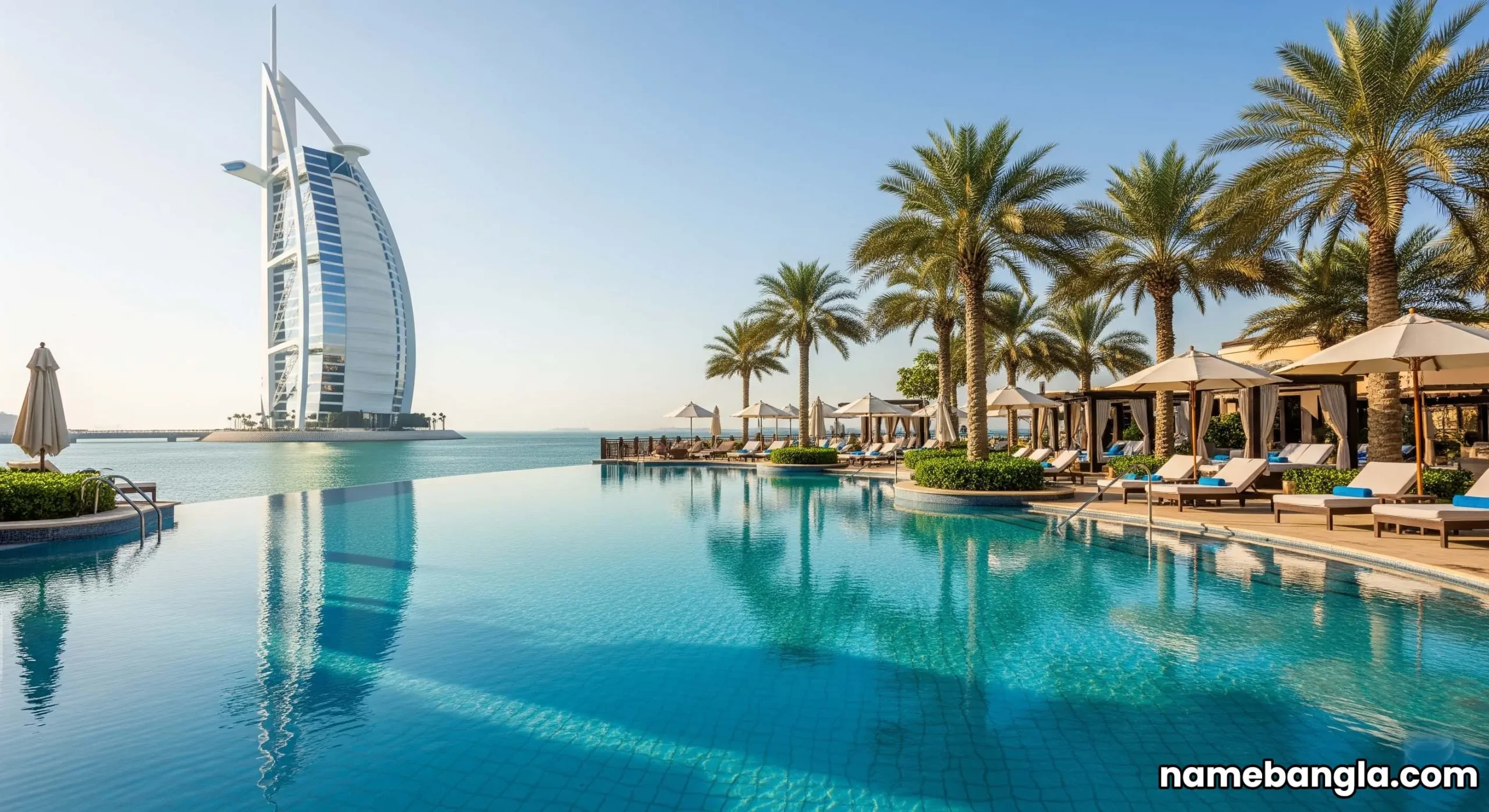 An infinity pool at a high-end Dubai waterfront luxury resort with the iconic Burj Al Arab in the background, showing ultimate luxury.