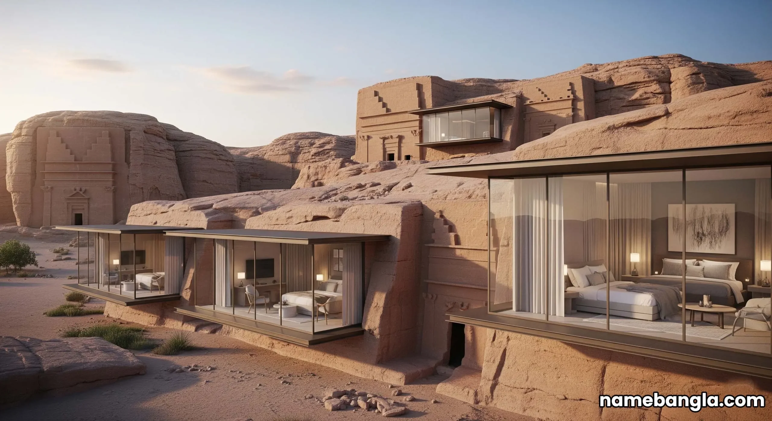 Artist rendering of The Chedi Hegra, AlUla, showing luxury rooms integrated with ancient Nabataean-style rock formations.