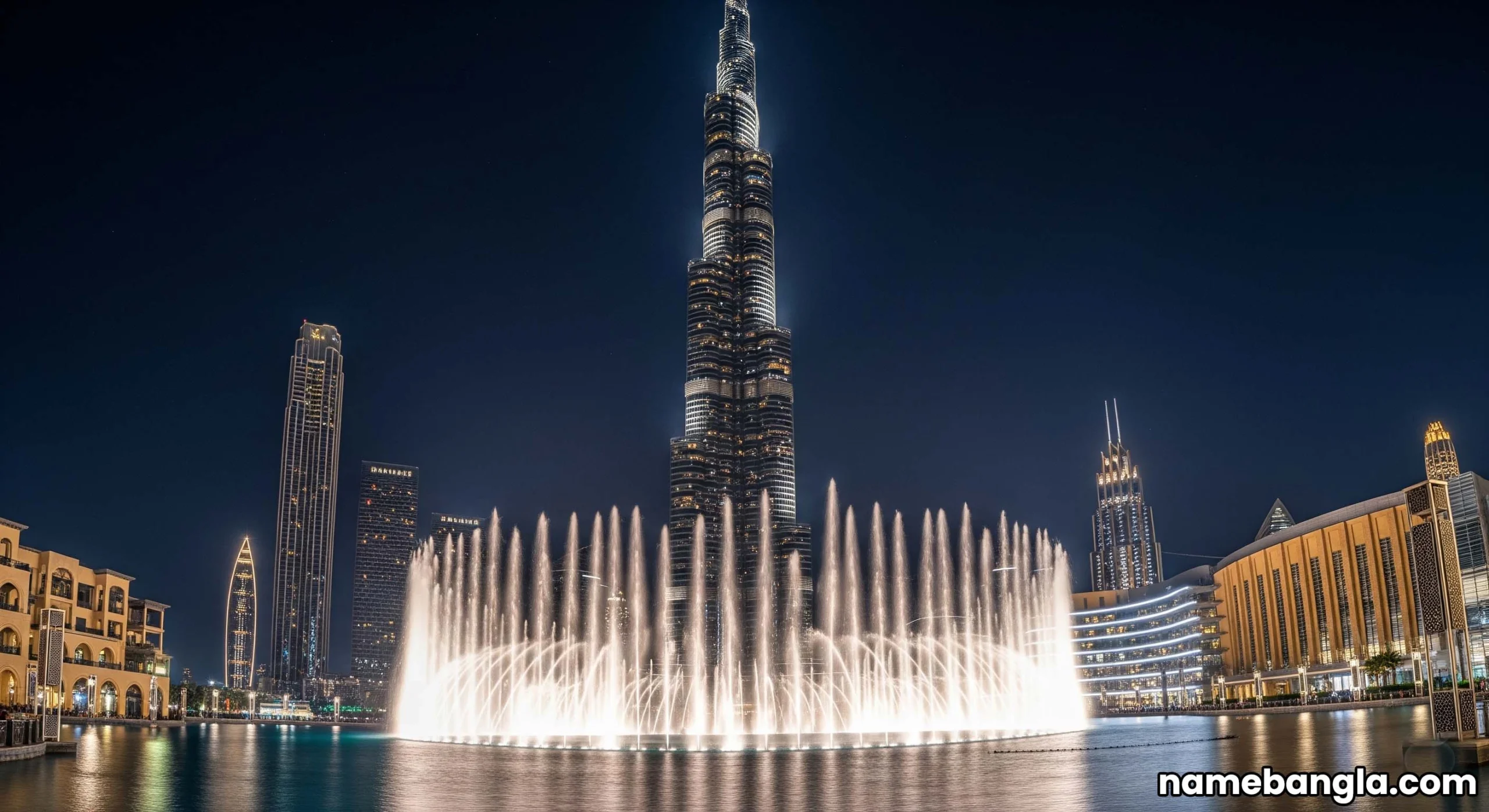 Burj Khalifa at night with the Dubai Fountain show, top Dubai attraction.
