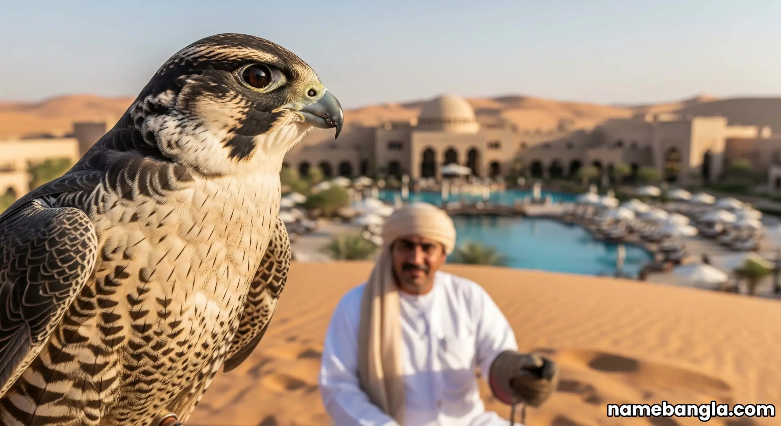 Close-up of a majestic falcon at a luxury desert resort, with a trained handler.