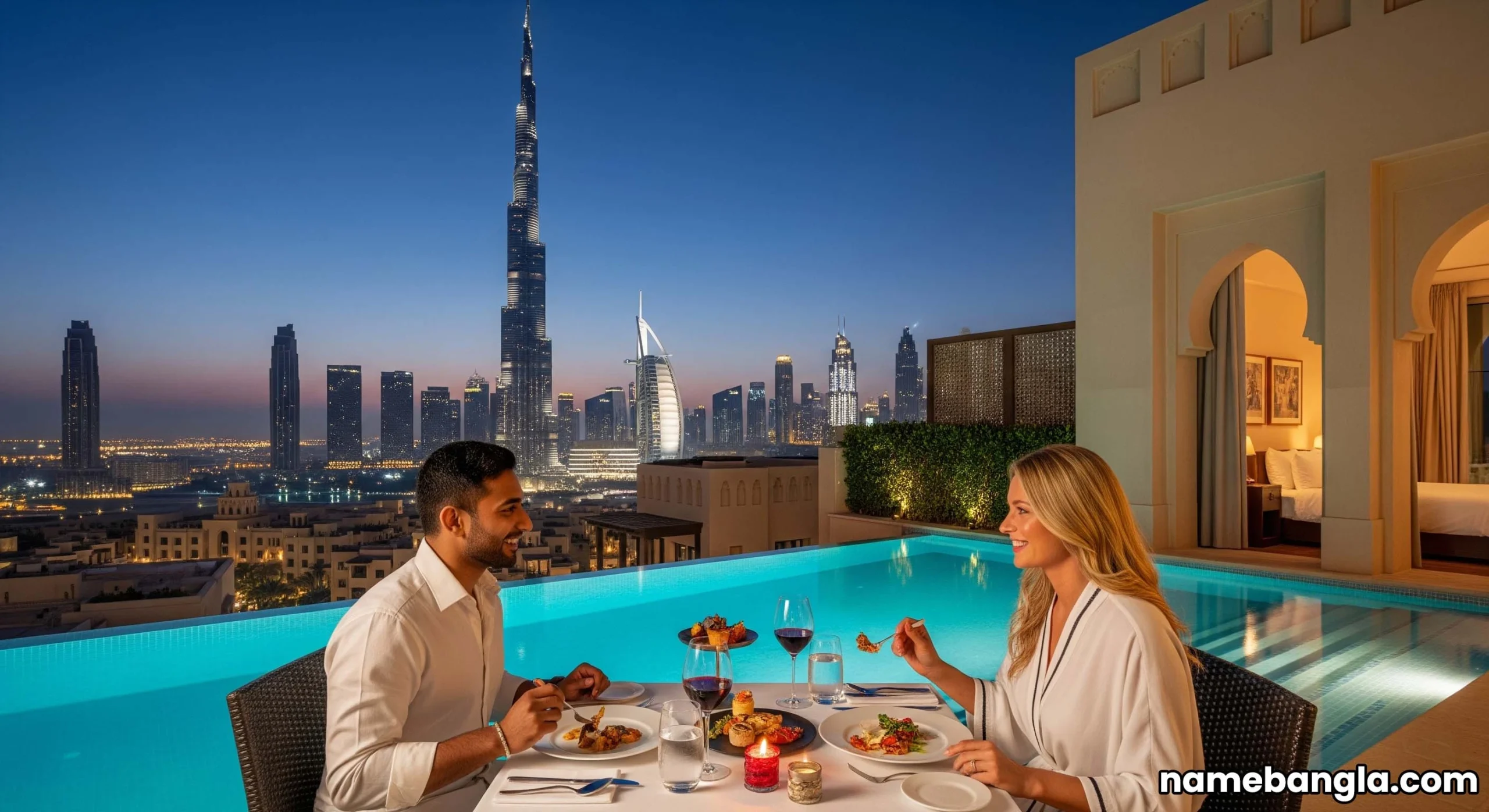 Couple enjoying a private gourmet dinner by an infinity pool at a luxury villa in Dubai, overlooking the Burj Khalifa.