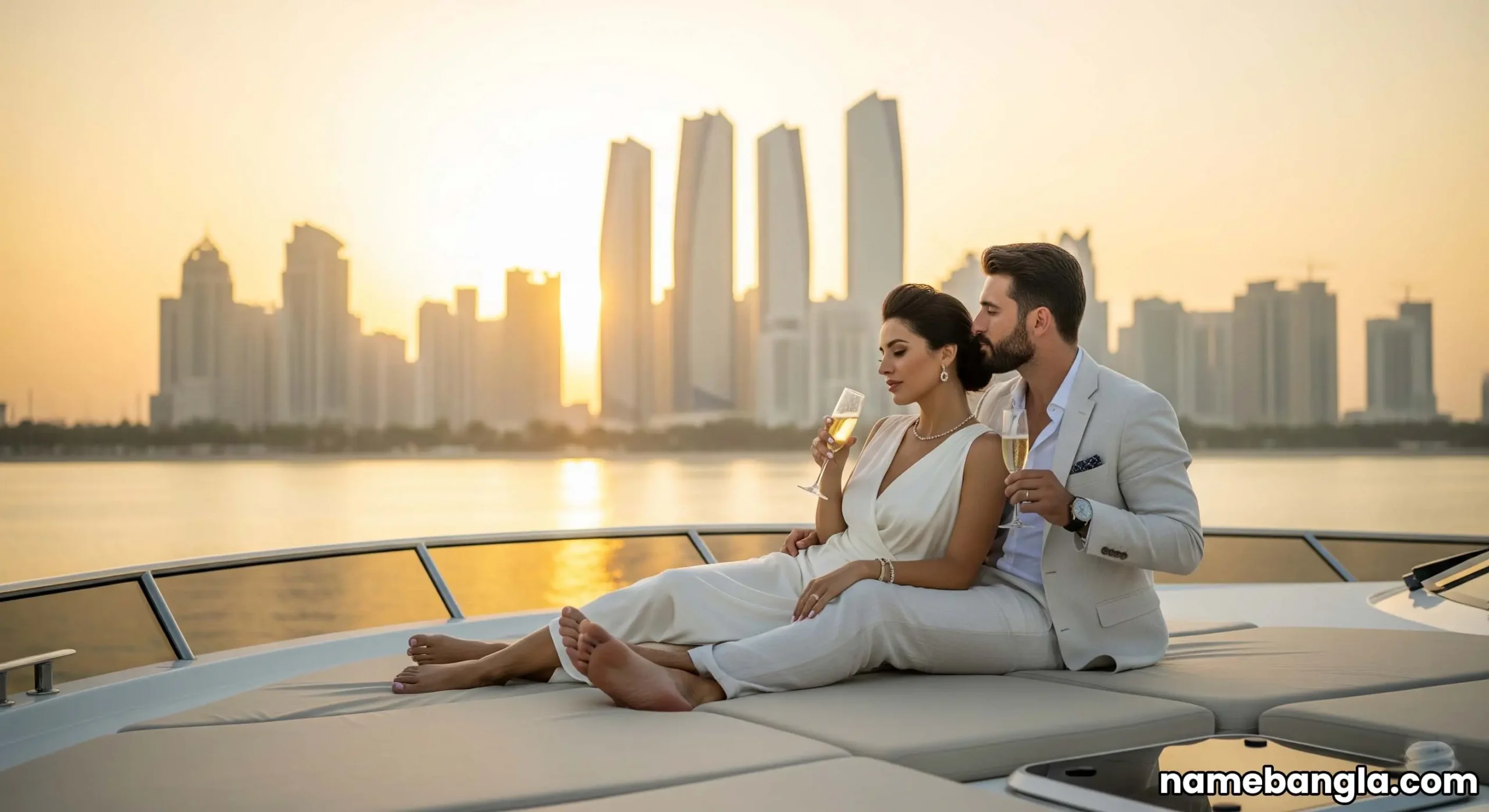 Couple enjoying sunset from a luxury yacht with the Abu Dhabi skyline.