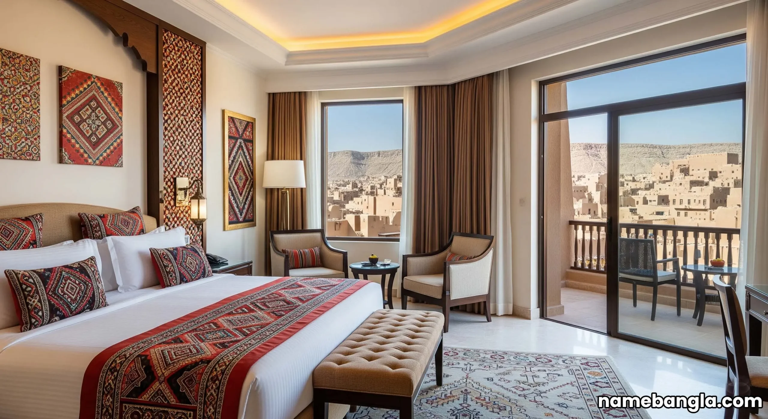 Diriyah Gate luxury accommodation suite, opulent interior.