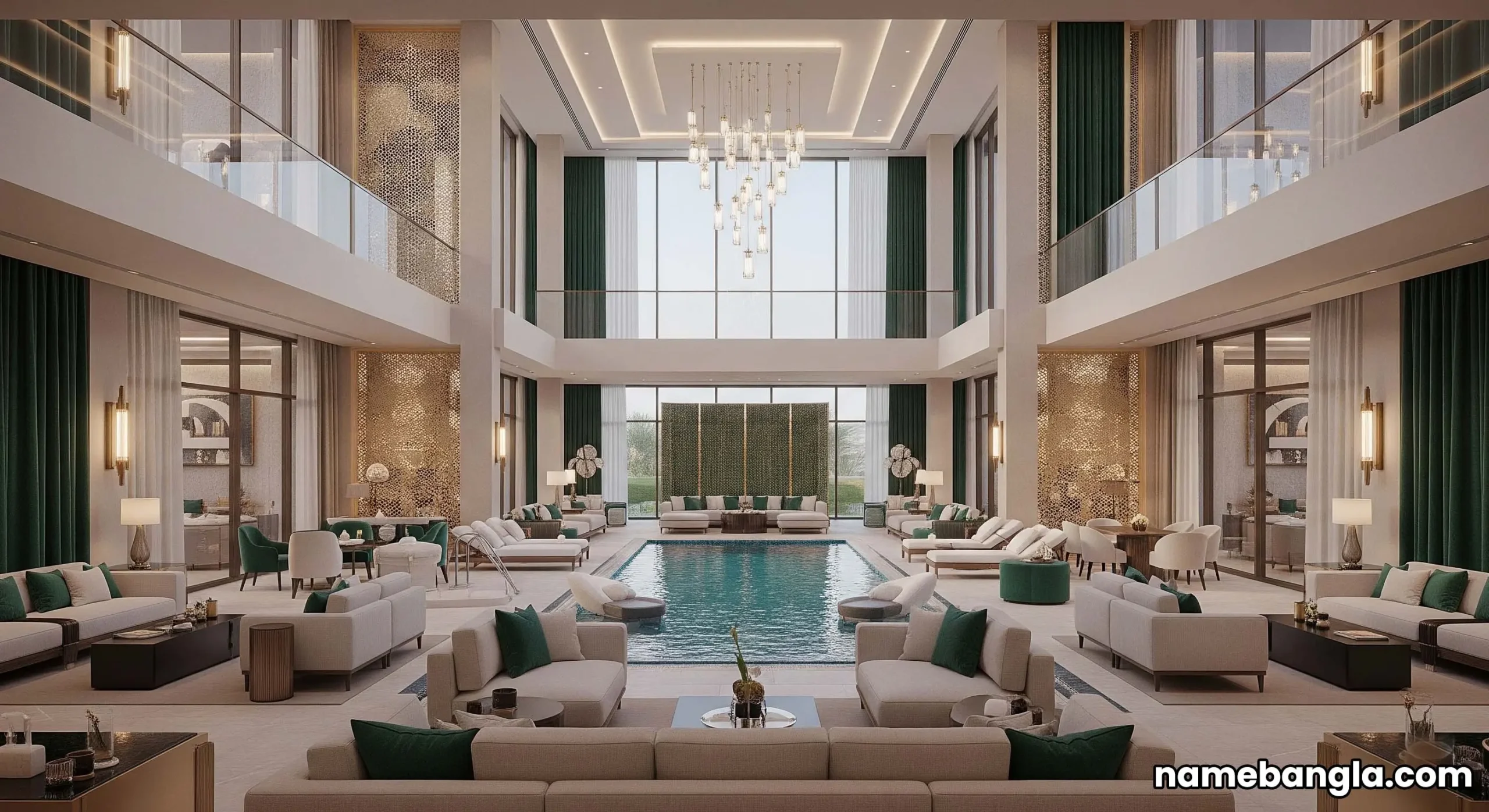Elegant interior of a 5-star Jeddah private pool villa with modern Saudi design, emphasizing exclusivity.
