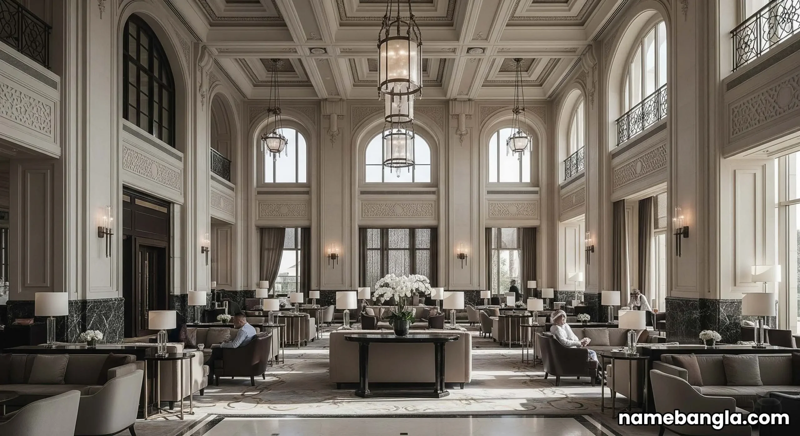 Elegant lobby of The St. Regis Riyadh, showcasing high ceilings and refined luxury interior.
