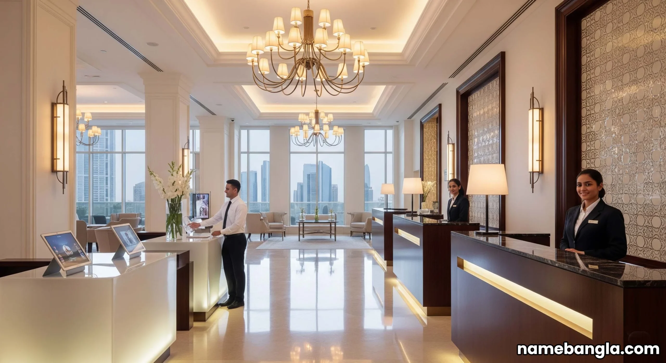 Elegant reception area of a luxury hotel in Abu Dhabi, signaling seamless check-in for penthouse guests.