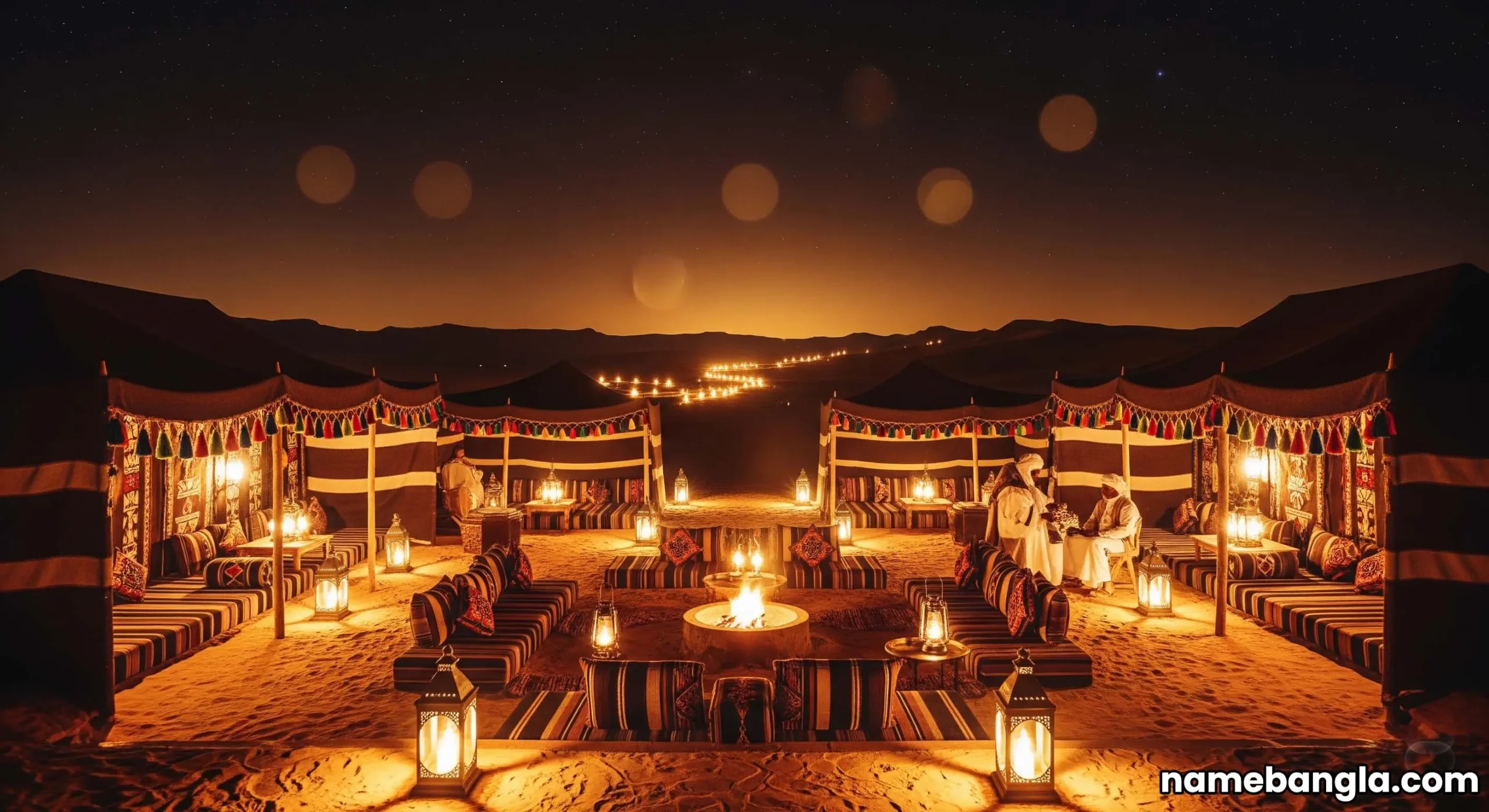 Elegant traditional Bedouin camp setup in the desert at night, with glowing lanterns and seating.