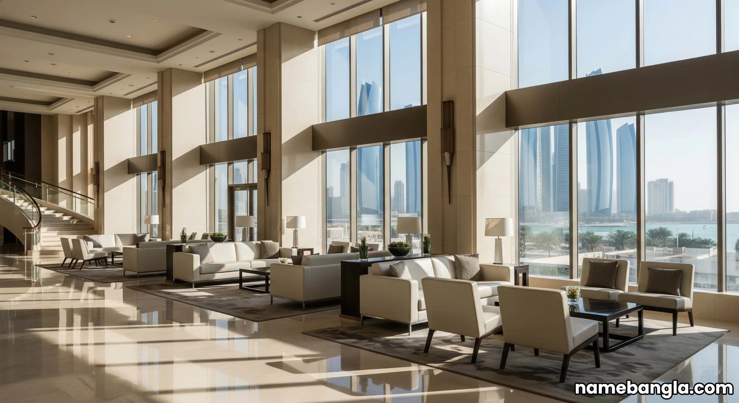 Empty spacious lobby of an Abu Dhabi luxury hotel during summer.