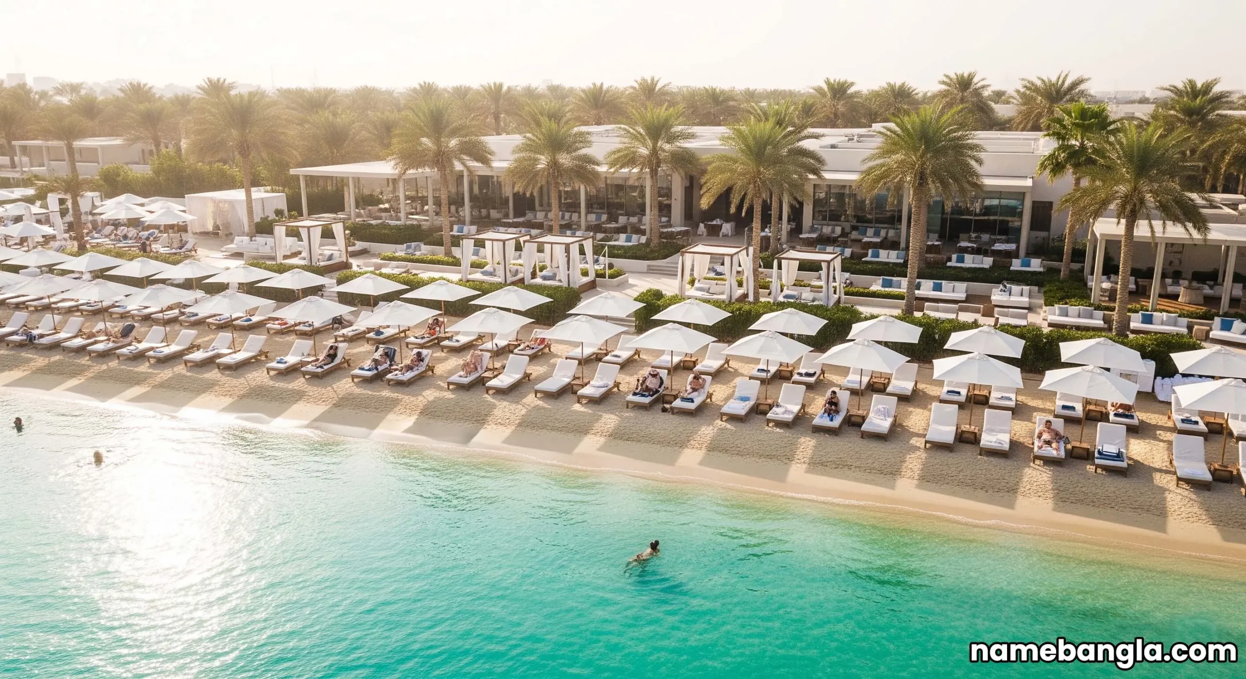Exclusive private beach club in Abu Dhabi, showing luxury leisure.