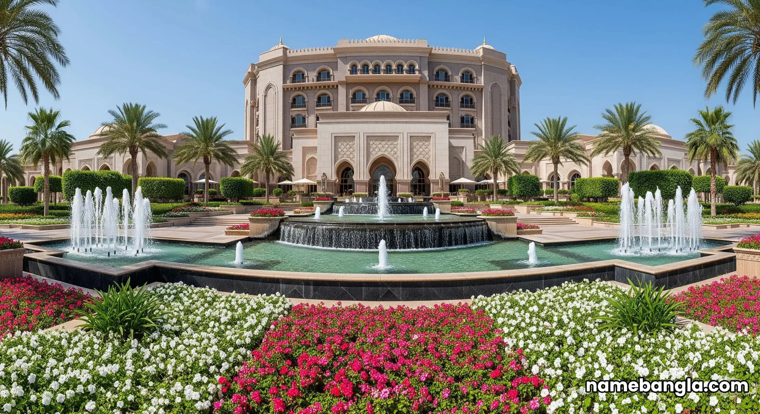 Exterior view of Emirates Palace Mandarin Oriental, Abu Dhabi with fountains and lush gardens, highlighting luxury.