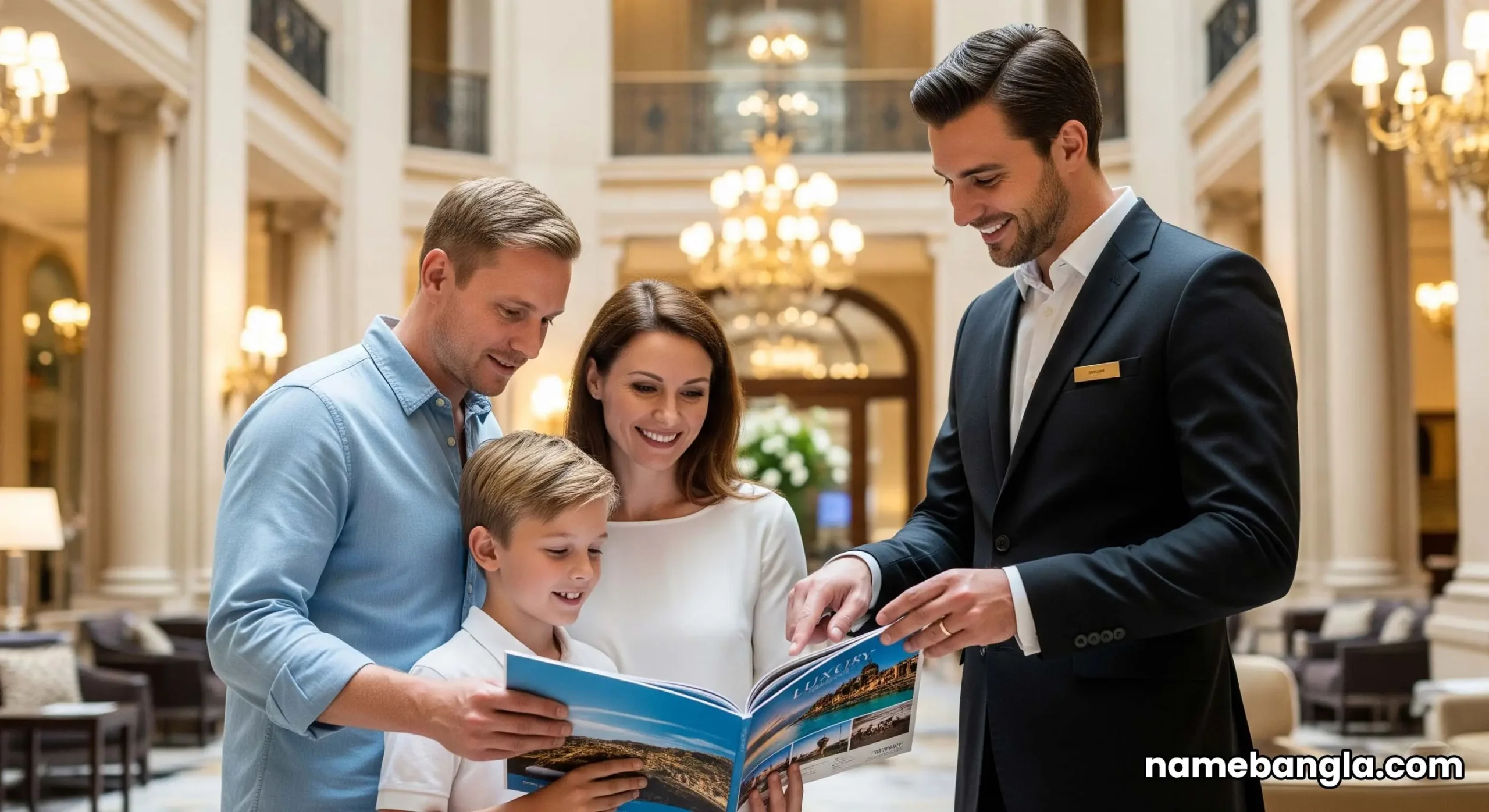 Family consulting a luxury travel brochure with a hotel concierge in a premium setting.