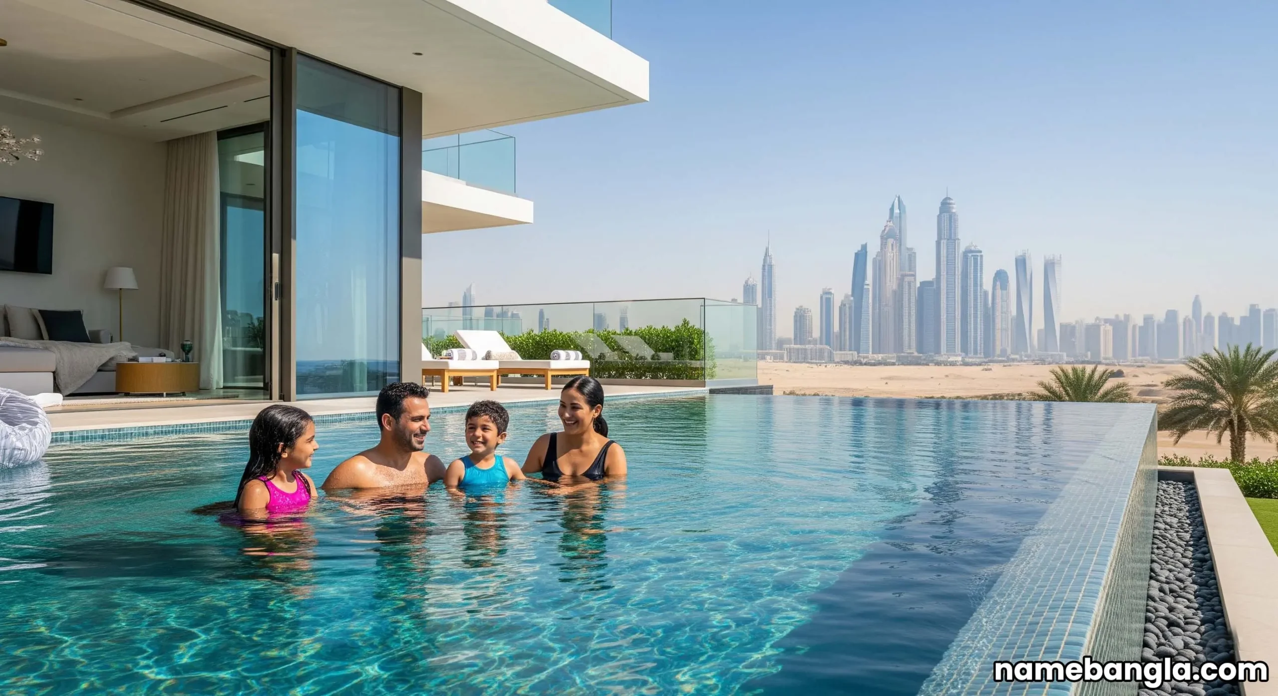 Family enjoying a luxury private villa pool in Dubai, highlighting high-end family resorts.