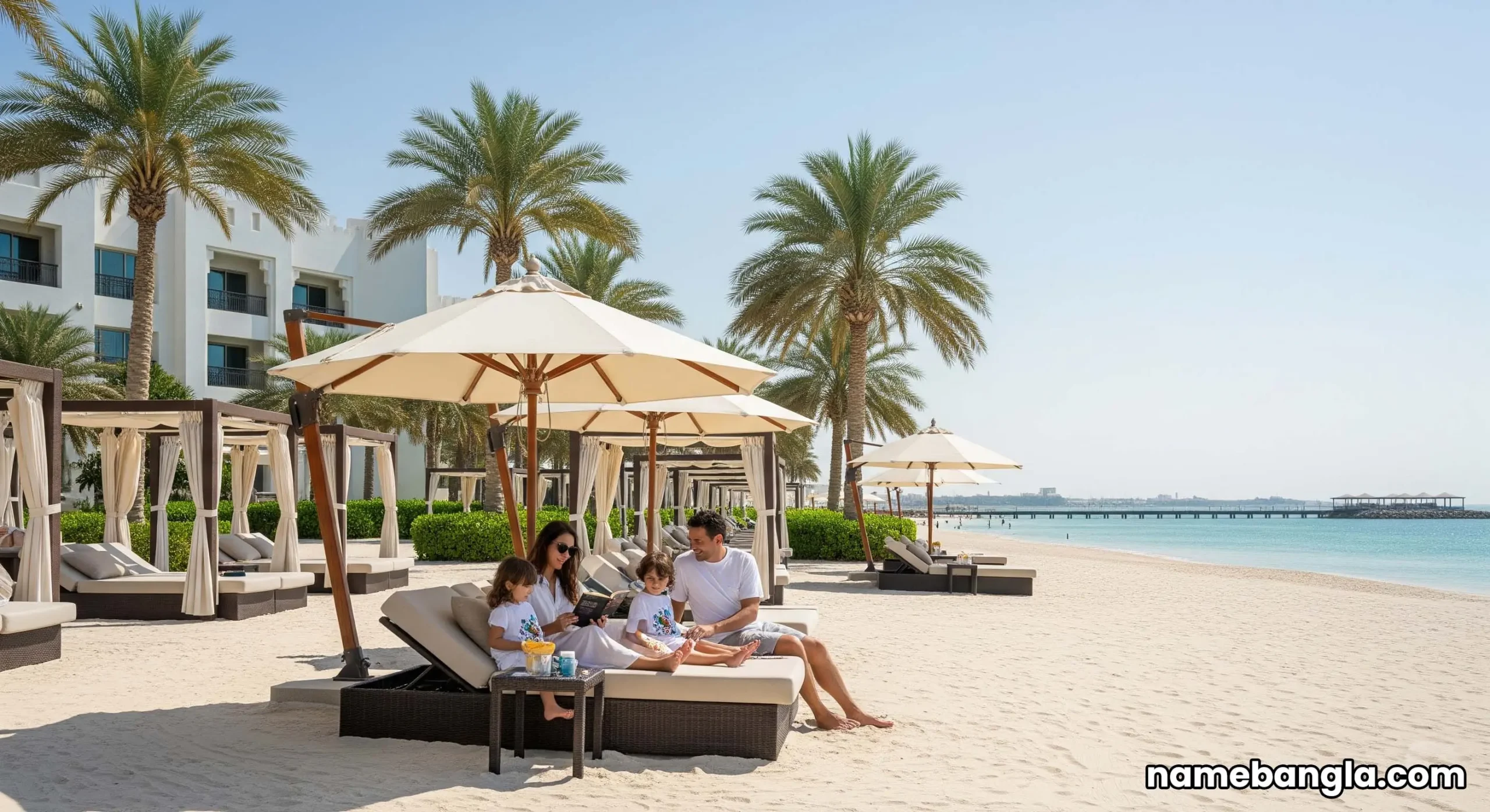Family enjoying exclusive private beach club access at a luxury resort in Abu Dhabi.
