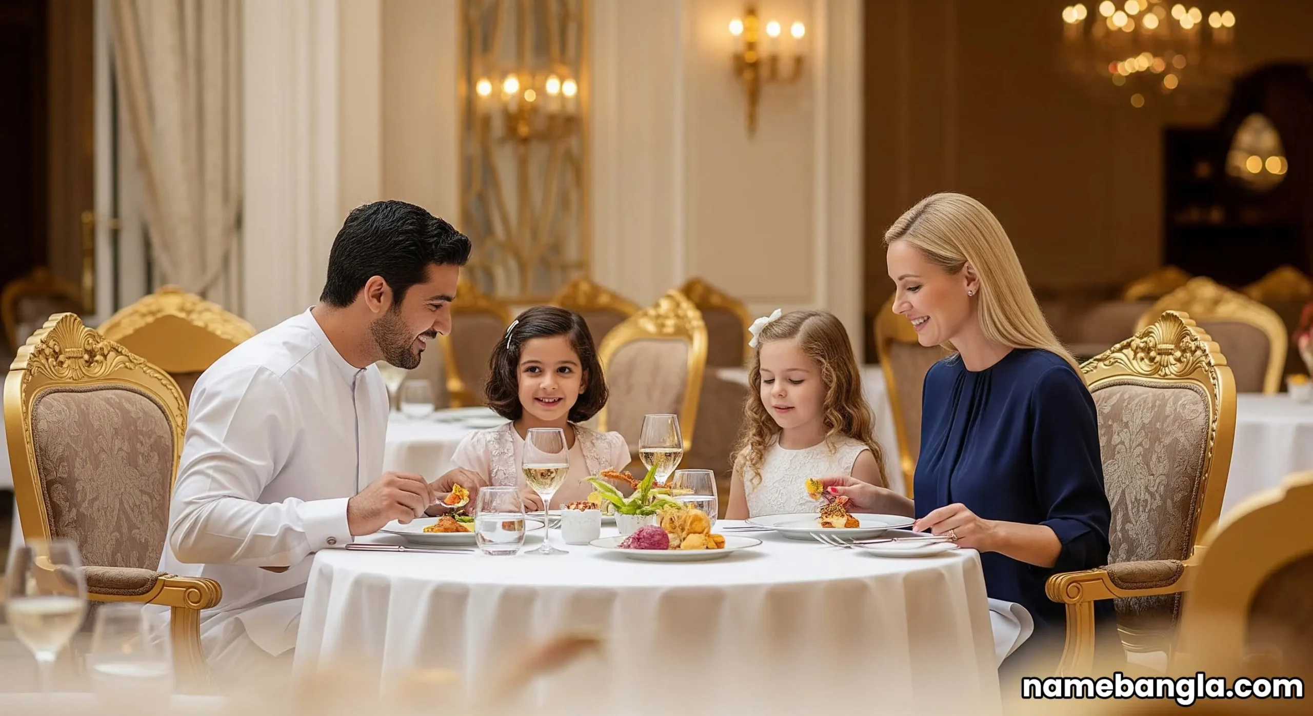 Family enjoying gourmet dining in an elegant restaurant at a UAE luxury resort.