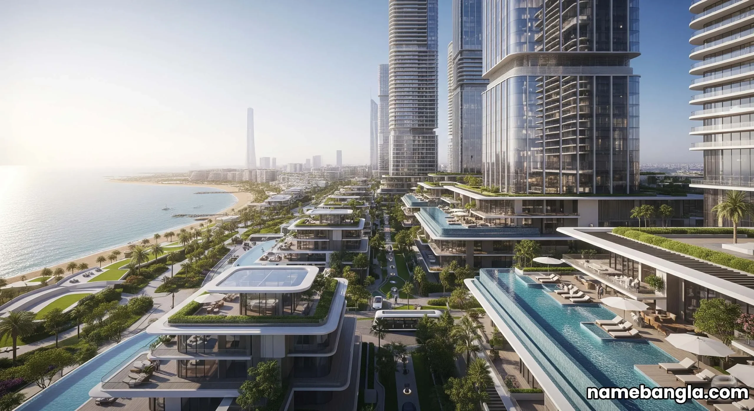 Futuristic architectural rendering of a new luxury development on the Jeddah coastline, showing Vision 2030 impact on Saudi luxury tourism.