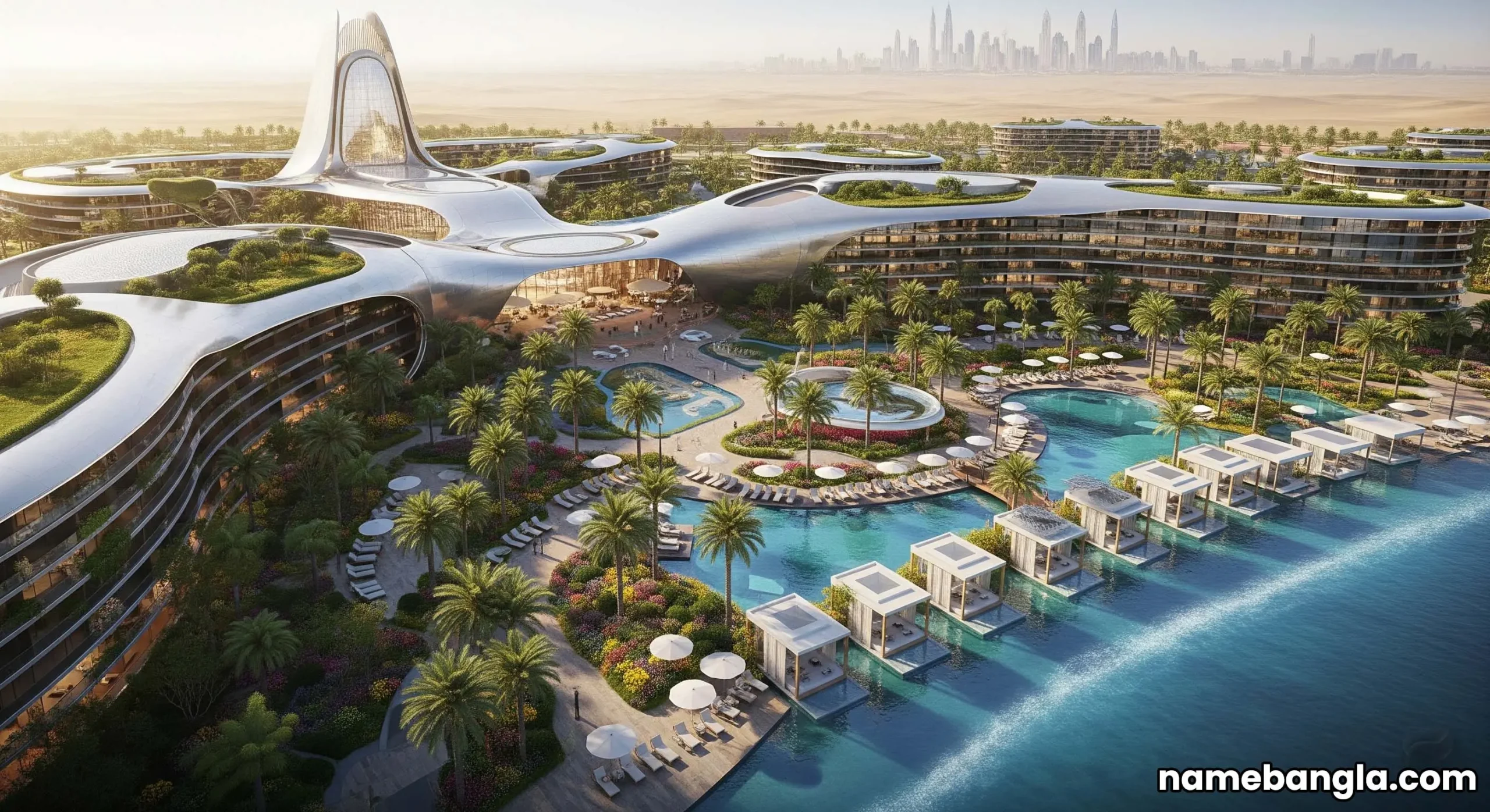 Futuristic design of a new ultra-luxury resort in the UAE, enhancing future premium travel.