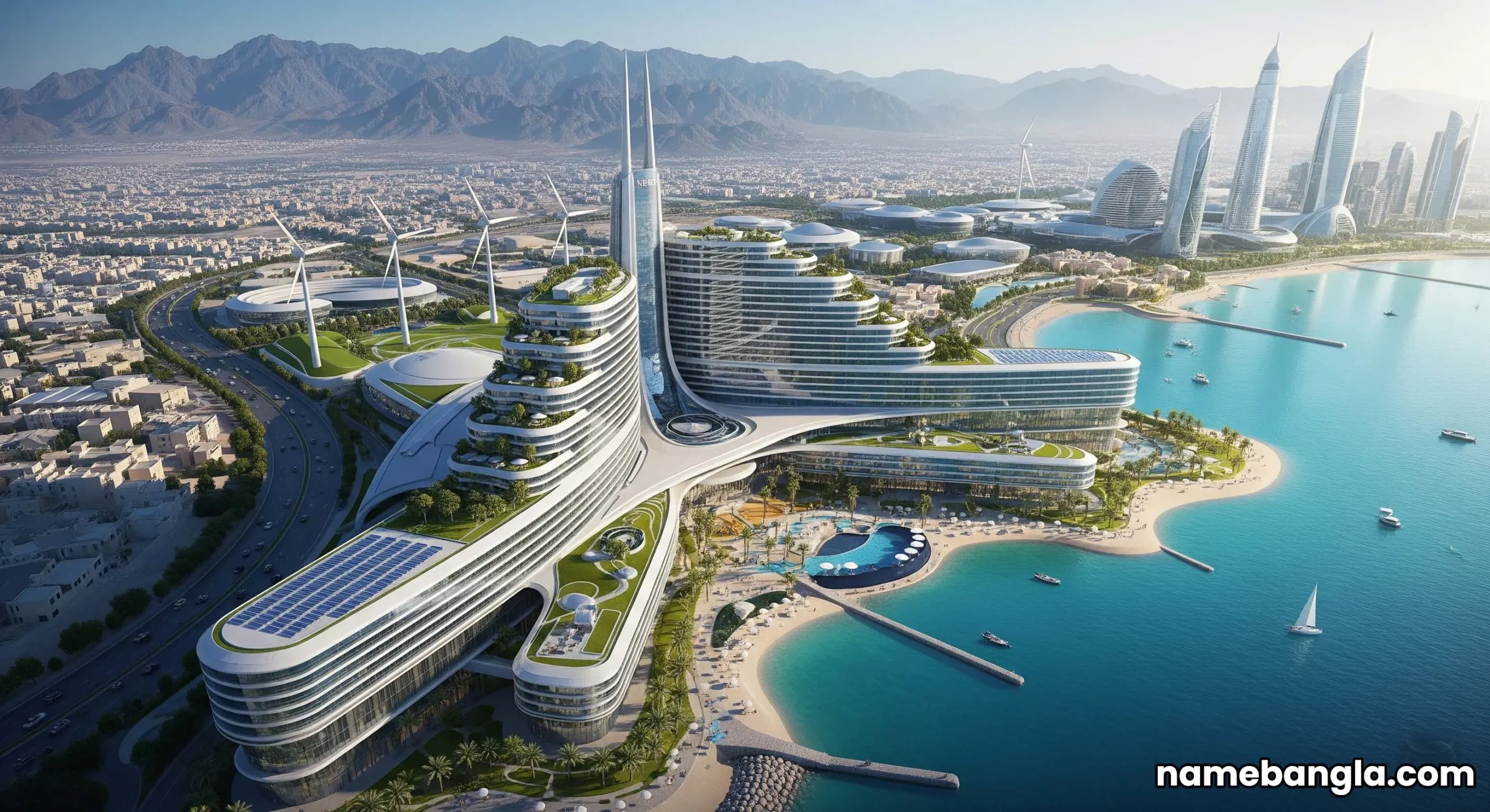 Futuristic luxury hotel in NEOM, Saudi Arabia, showing Vision 2030 exclusive design.