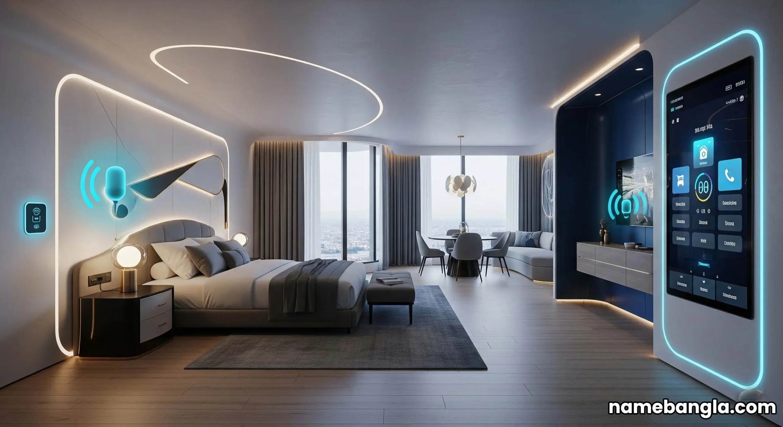 Futuristic luxury hotel suite design, showing advanced comfort.