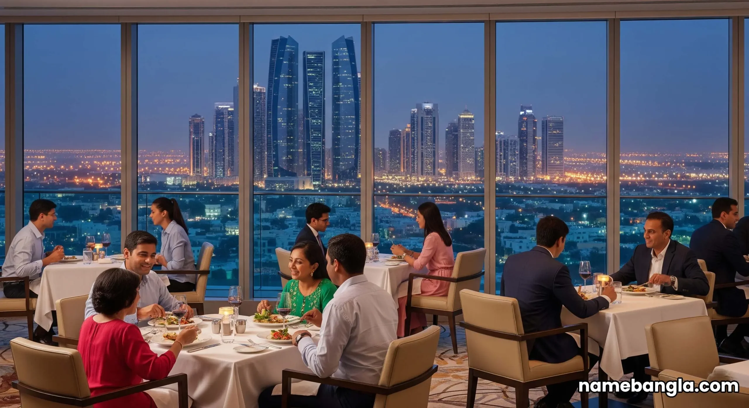 Gourmet dining experience at a high-end restaurant in Abu Dhabi with city skyline in background, showing premium experiences.