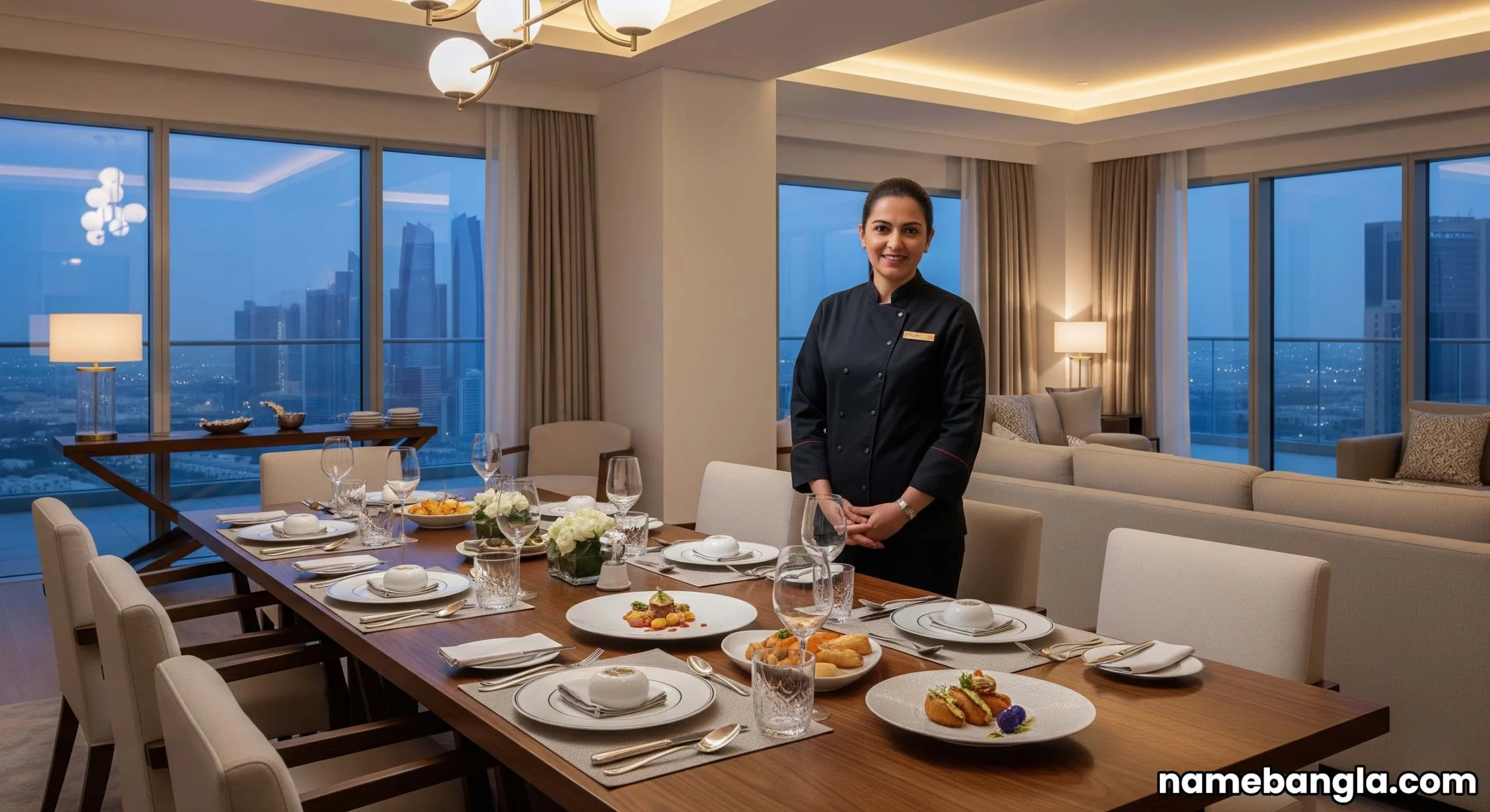 Gourmet dining experience set up inside a luxury Abu Dhabi penthouse with a private chef.