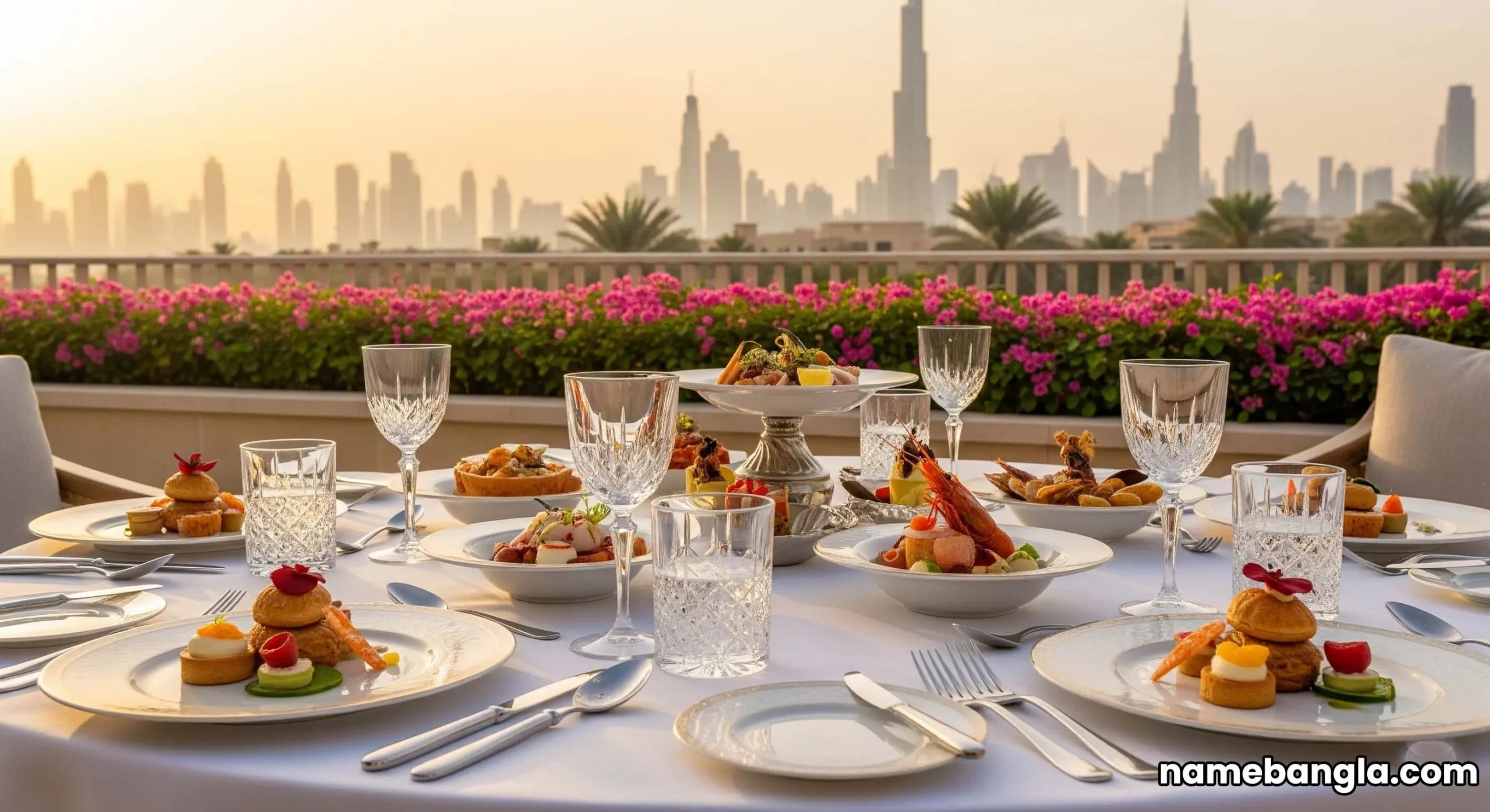Gourmet dining setup on a private villa terrace in Dubai, showcasing fine dining and city views, an exclusive culinary experience.