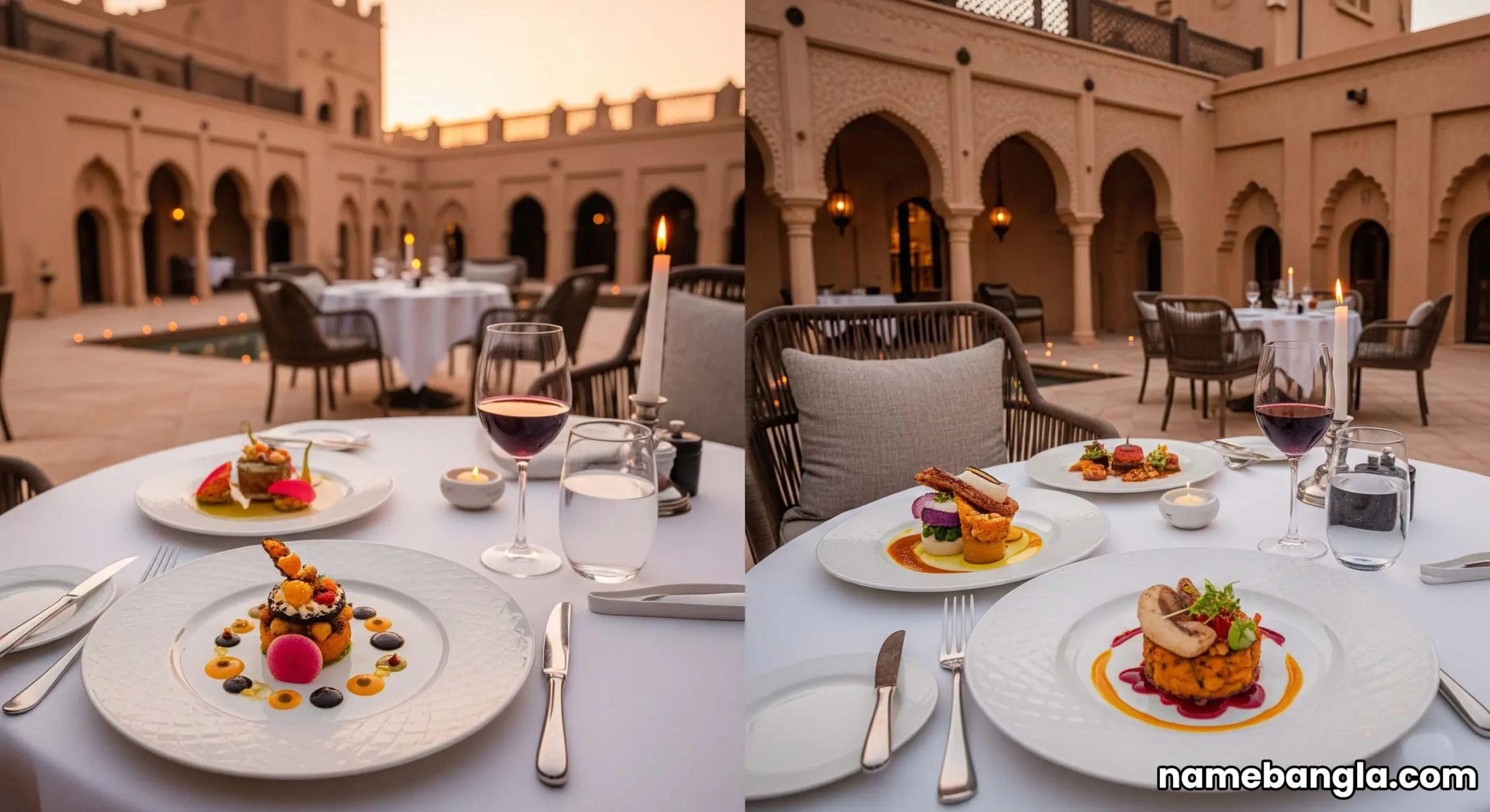 Gourmet fine dining experience at a luxury AlUla resort, showing beautifully plated dishes and an elegant setting.