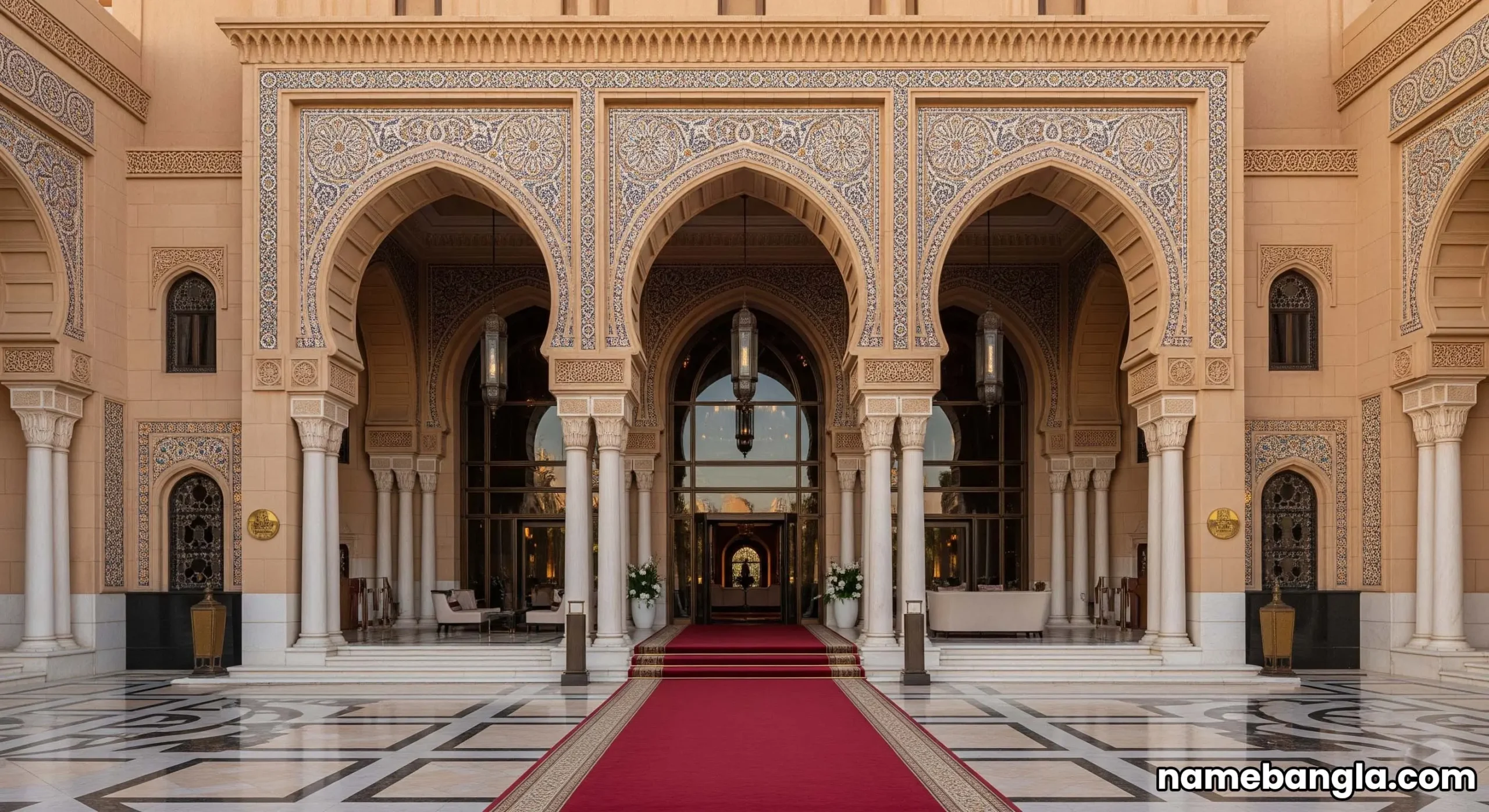 Grand entrance of a Riyadh's Unrivaled 5-Star Sanctuaries hotel, featuring traditional Arabian architecture and a red carpet, signaling an elite palace stay.