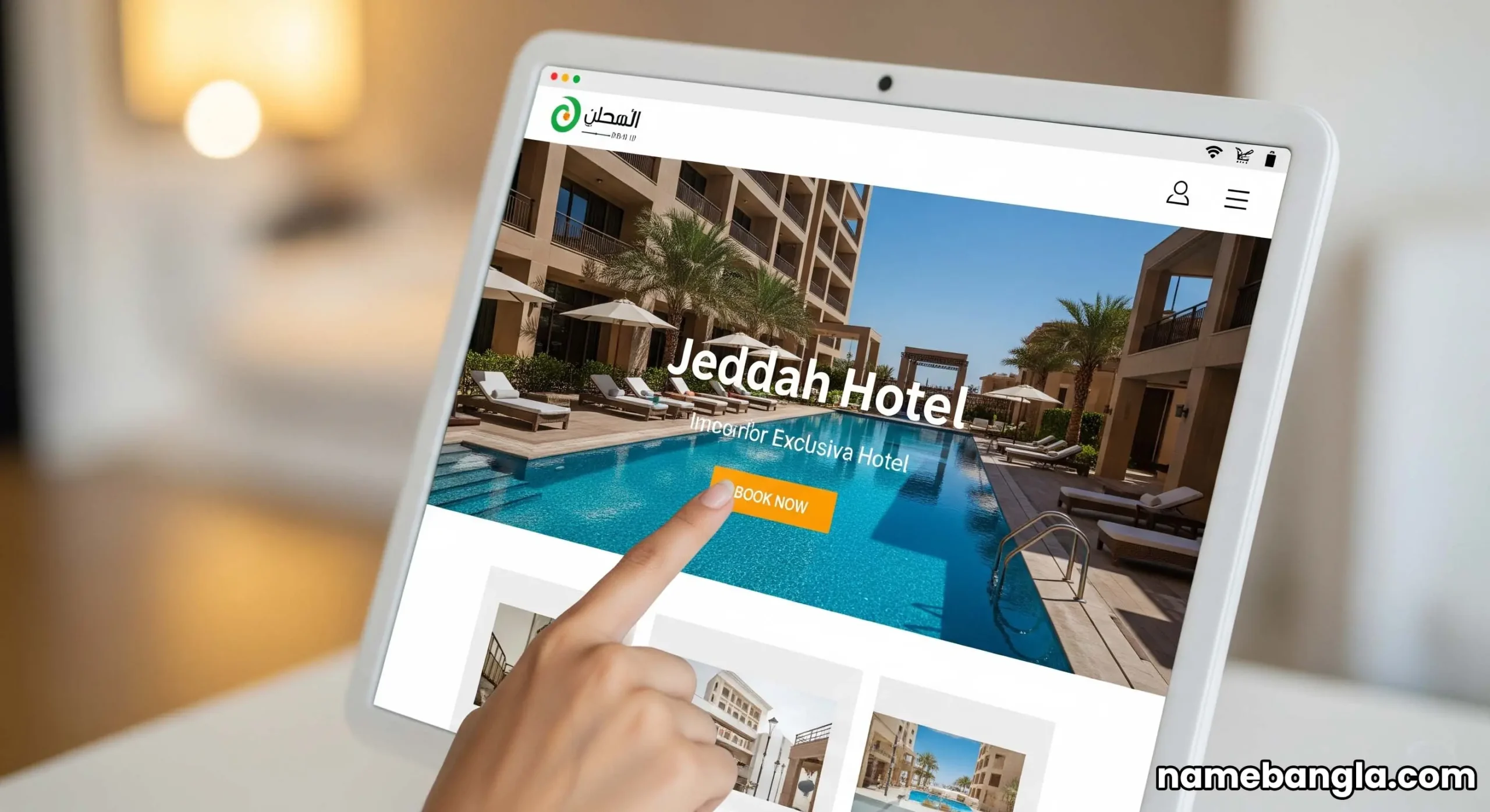 Hand of a traveler making an online booking on a luxury travel website, showing a Jeddah private pool hotel, for high-intent users.