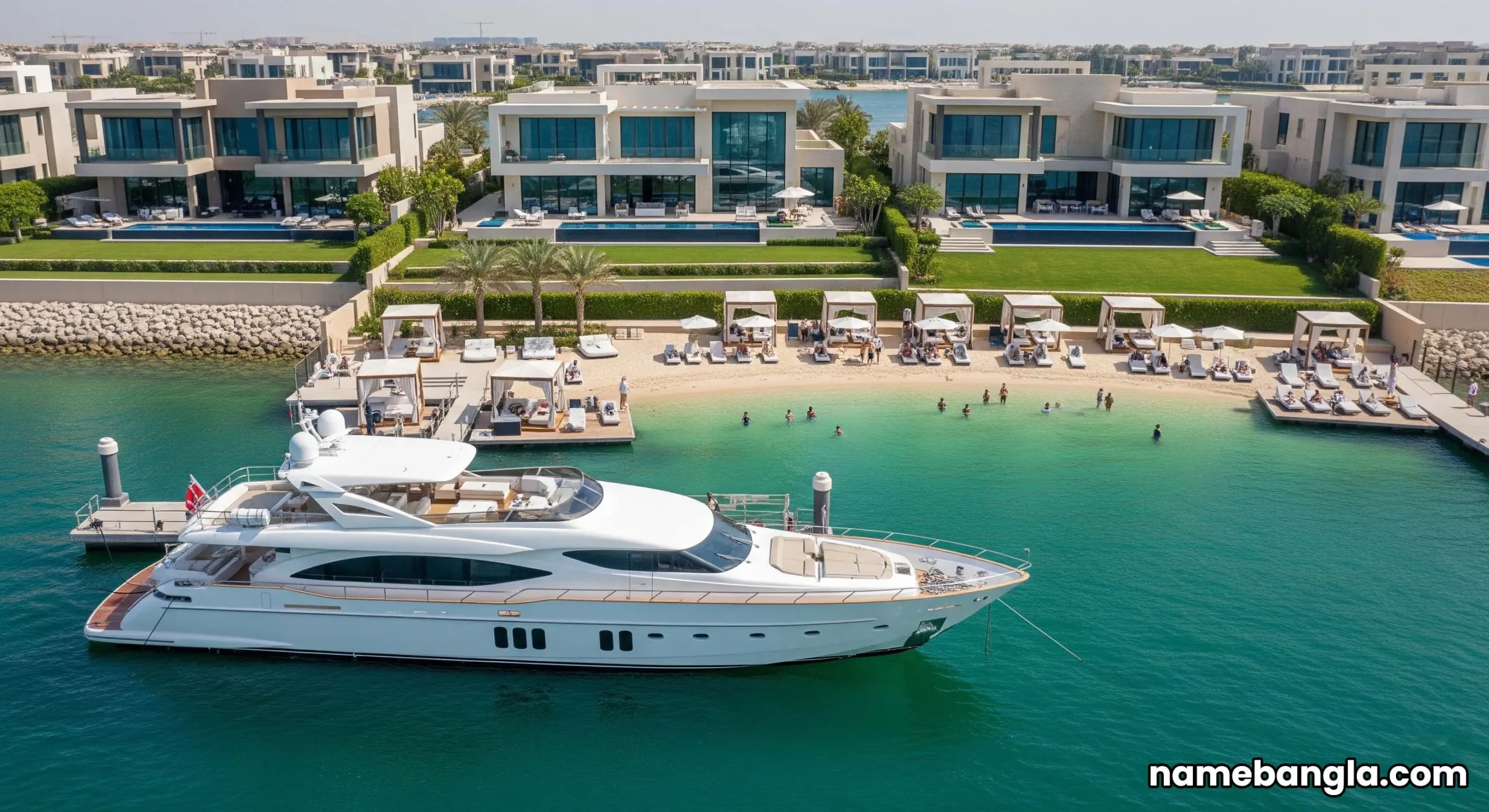 High-end yacht docked near a private beach club in Dubai, alongside luxury villas, representing a comprehensive luxury lifestyle.