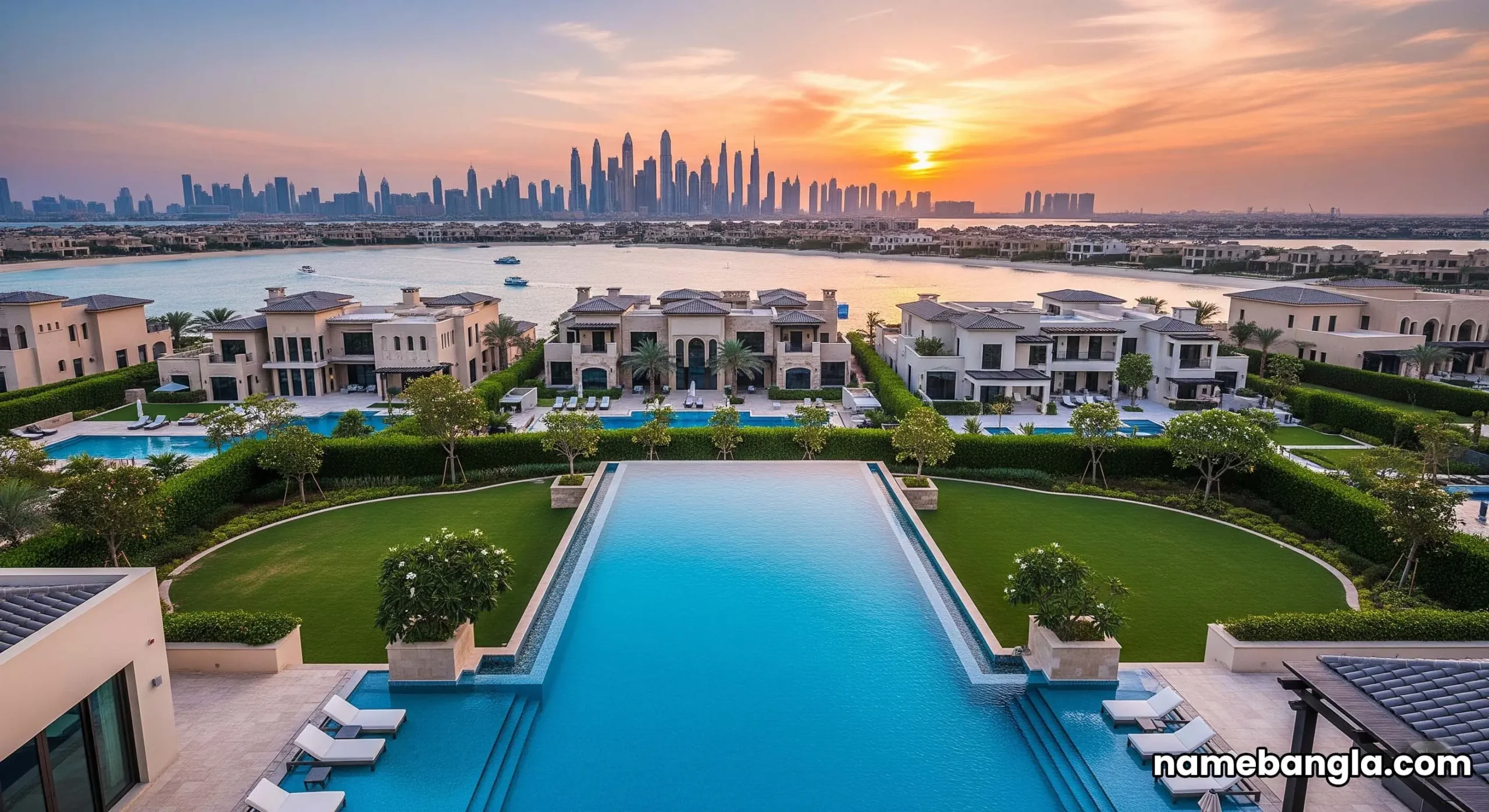 Infinity pool overlooking Palm Jumeirah villas, a feature of premium Dubai ultra-luxury hotel bookings.