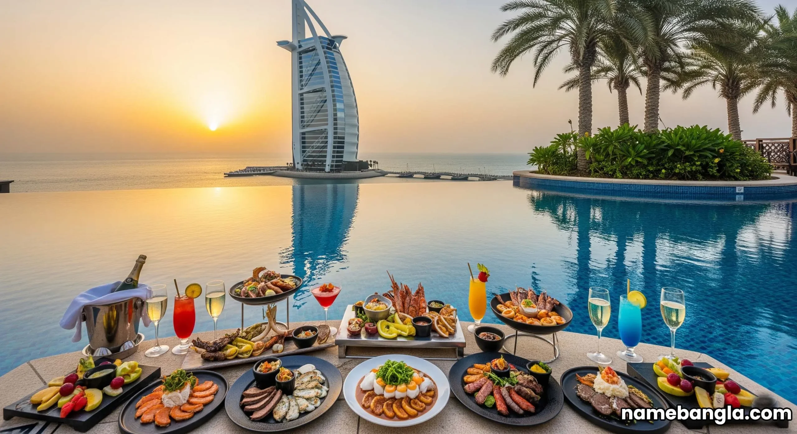 Infinity pool overlooking the Burj Al Arab at sunset, showcasing premium Dubai luxury.