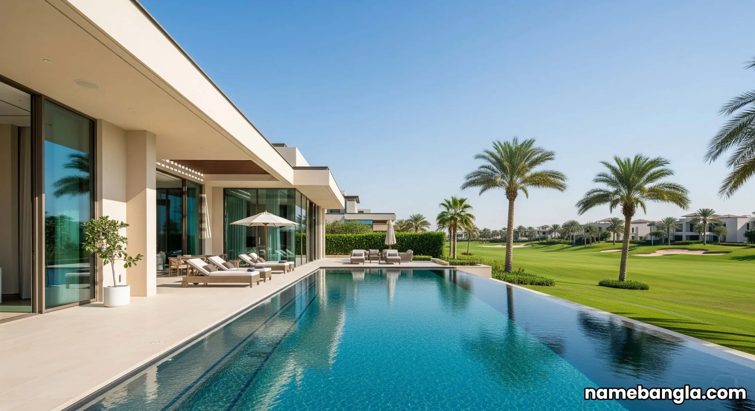 Interior of a lavish private suite with a view of an exclusive golf course at a UAE Elite Golf Course Hotel.