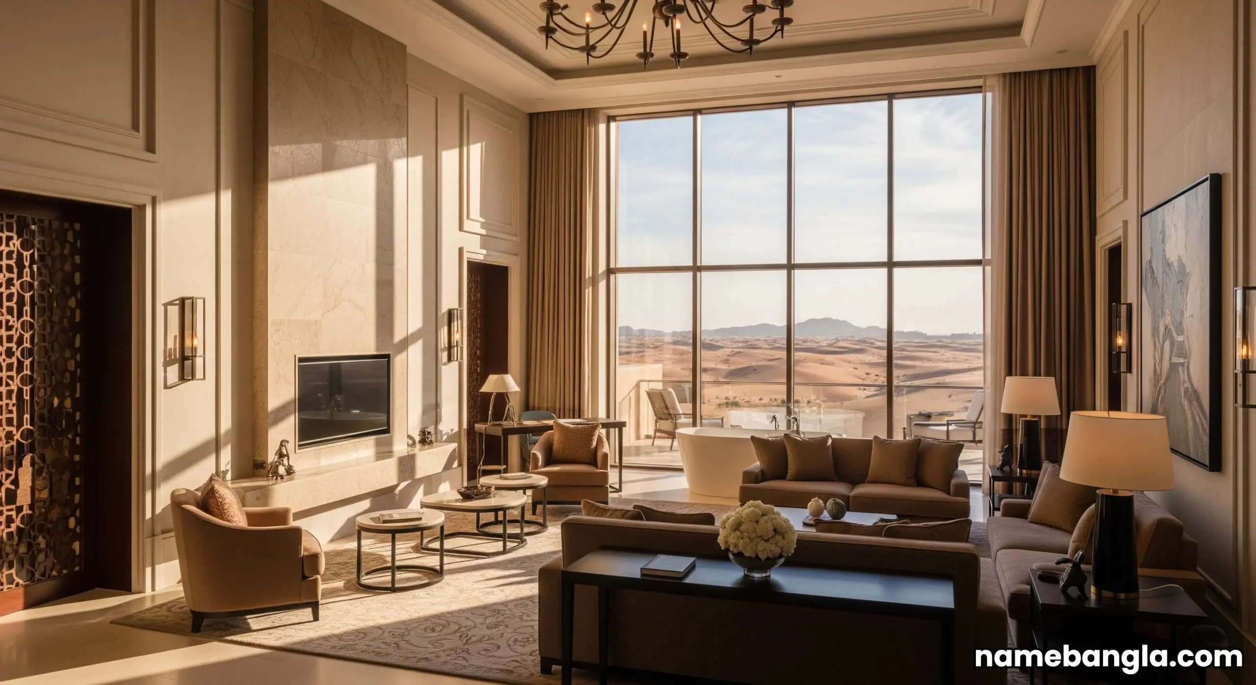 Interior of an ultra-luxury suite at a desert resort, with high ceilings, plush furnishings, and desert views from a large window.