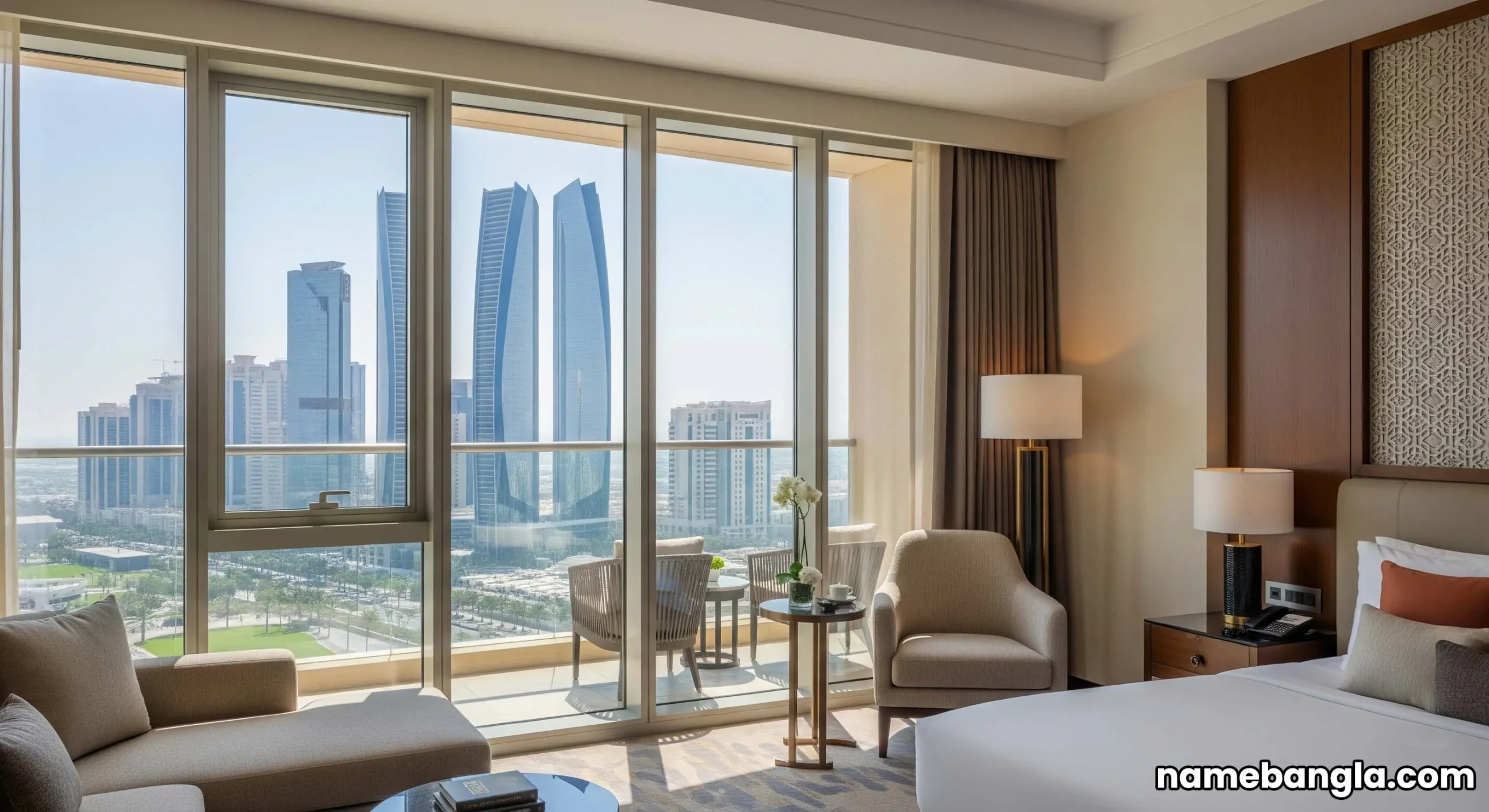 Luxurious hotel suite in Abu Dhabi with panoramic city views and a private balcony, designed for discerning guests.