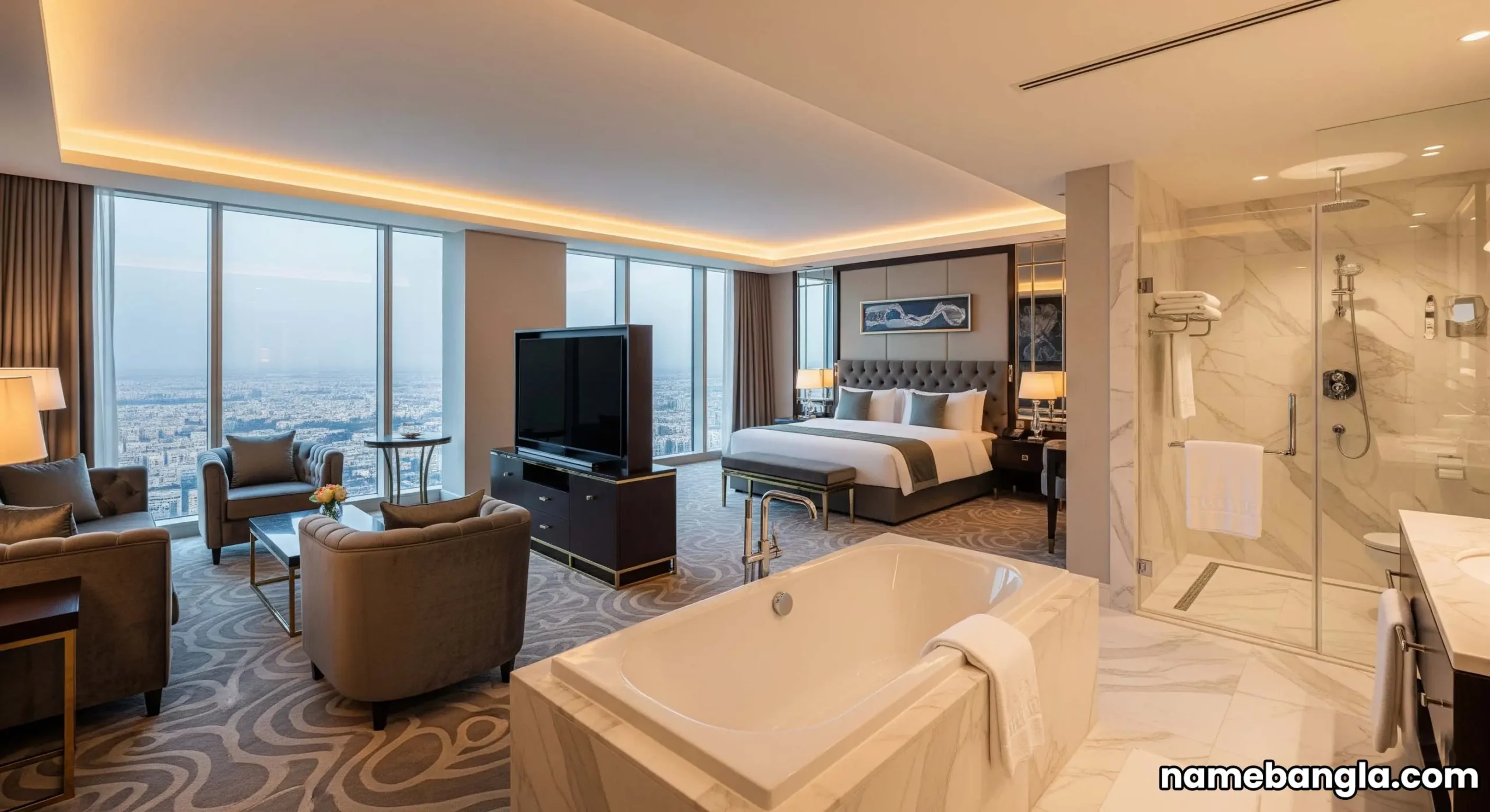Luxurious hotel suite in a Riyadh's Unrivaled 5-Star Sanctuaries hotel, with panoramic city views and opulent furnishings, highlighting a premium experience.