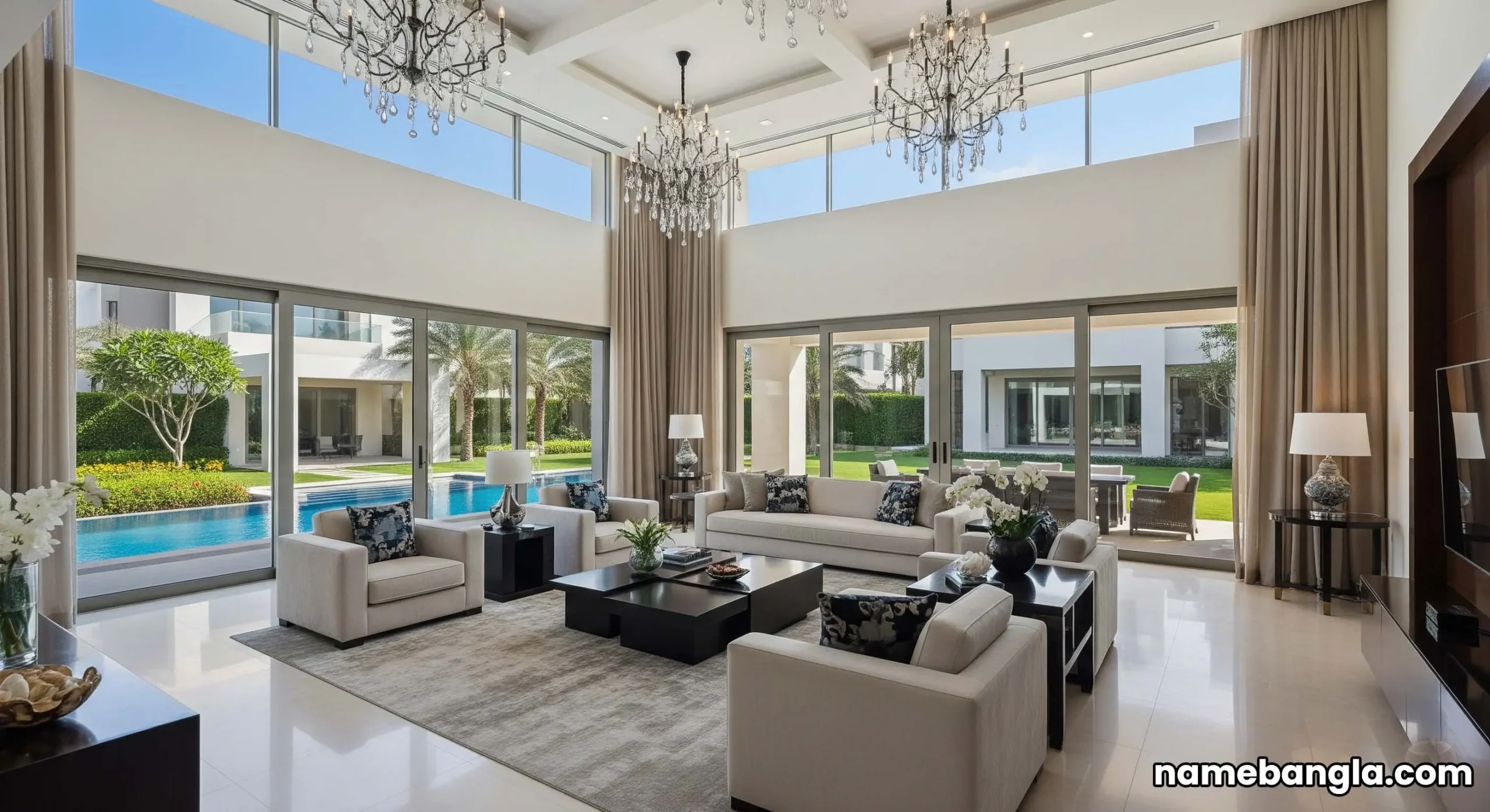 Luxurious living room of a Dubai private villa, featuring high-end decor and natural light, signaling premium comfort.