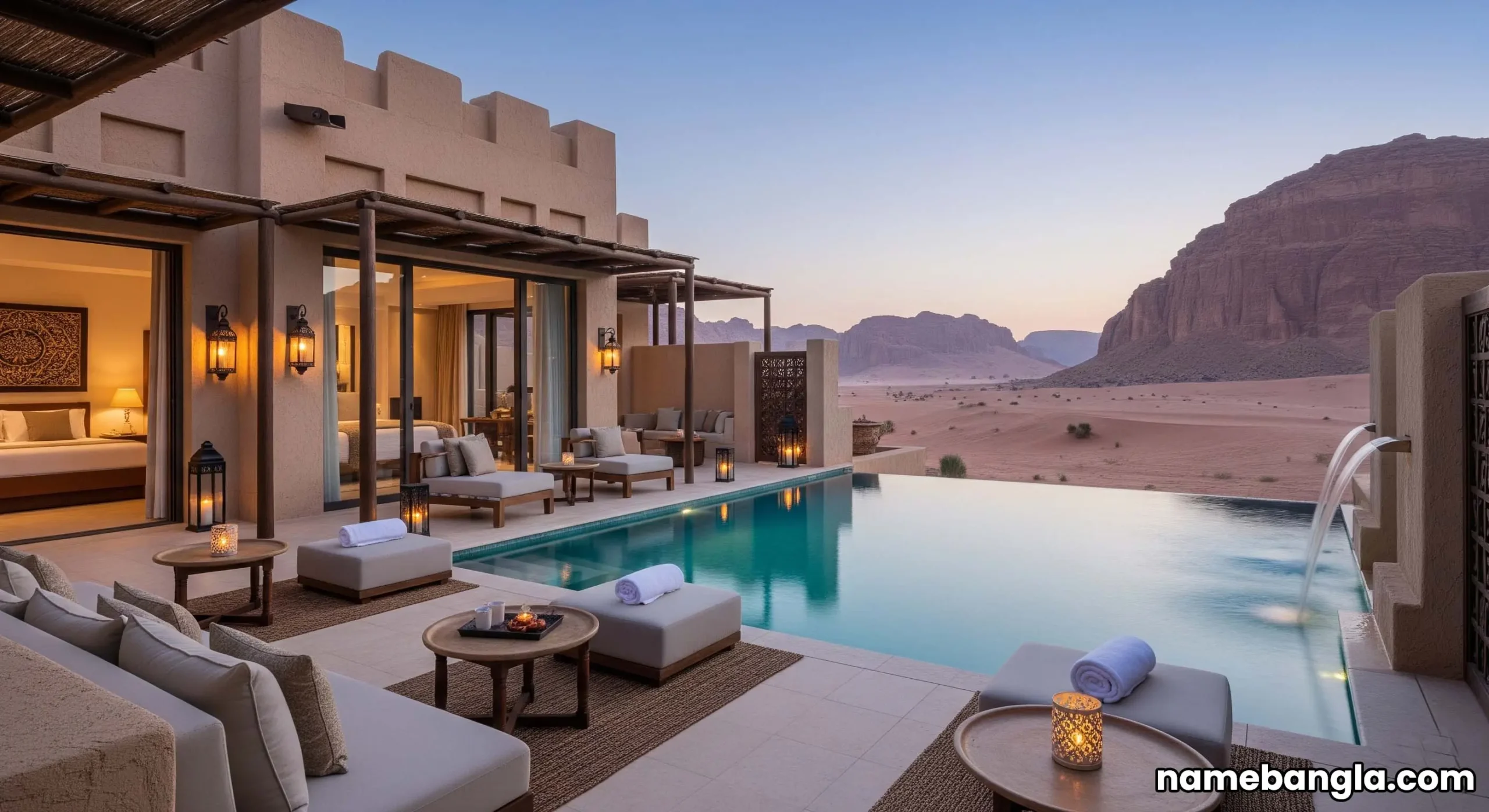Luxurious private pool villa at Banyan Tree AlUla with desert backdrop and elegant outdoor seating.